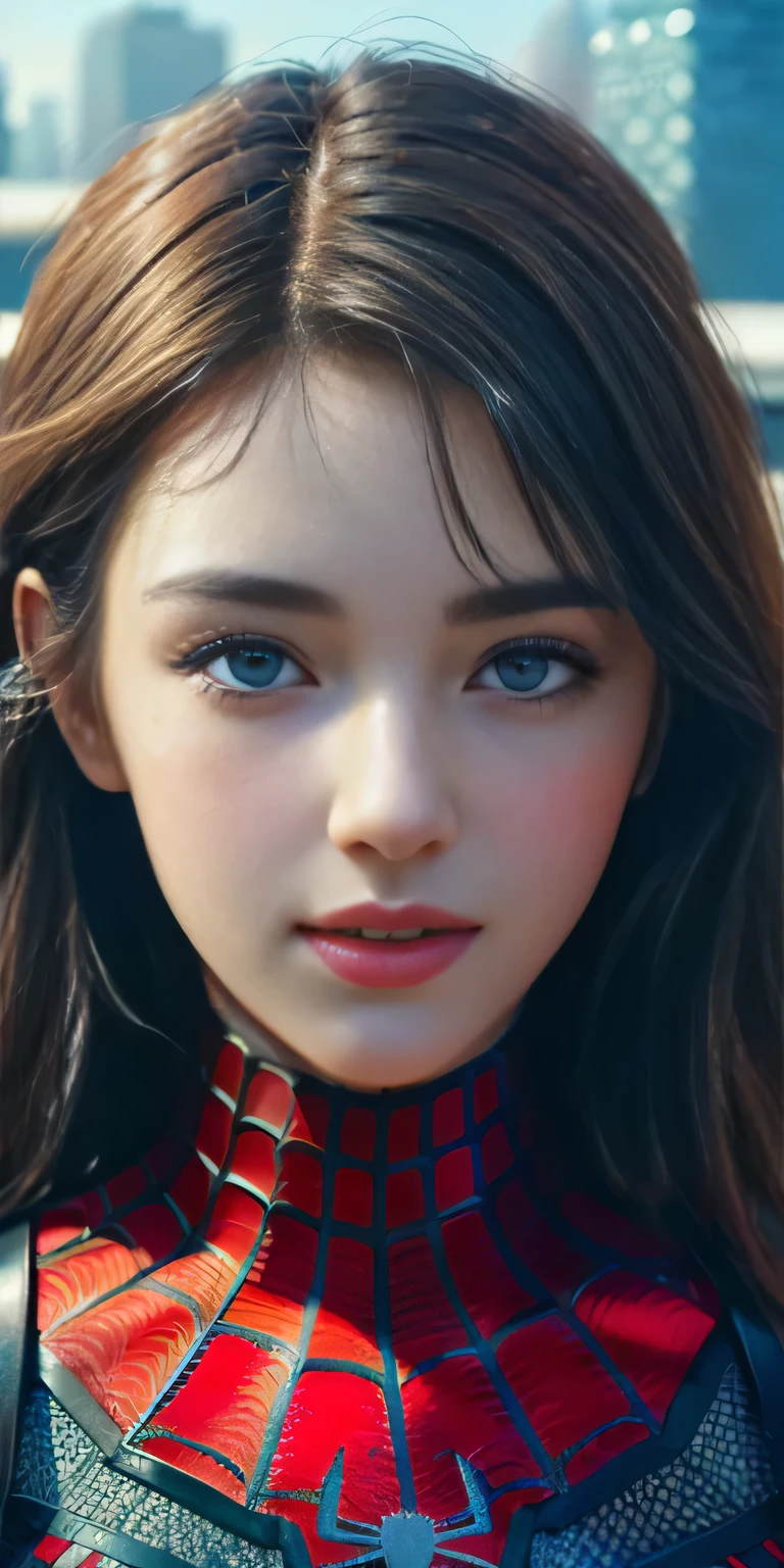 (1girl:1.3), Solo, (((Very detailed face)))), ((Very detailed eyes and face)))), Beautiful detail eyes, Body parts__, Official art, Unified 8k wallpaper, Super detailed, beautiful and beautiful, beautiful, masterpiece, best quality, original, masterpiece, super fine photo, best quality, super high resolution, realistic realism, sunlight, full body portrait, amazing beauty, dynamic pose, delicate face, vibrant eyes, (from the front), She wears Spider-Man suit, red and black color scheme, spider, very detailed city roof background, rooftop, overlooking the city, detailed face, detailed complex busy background, messy, gorgeous, milky white, highly detailed skin, realistic skin details, visible pores, clear focus, volumetric fog, 8k uhd, DSLR, high quality, film grain, fair skin, photo realism, lomography, futuristic dystopian megalopolis, translucent