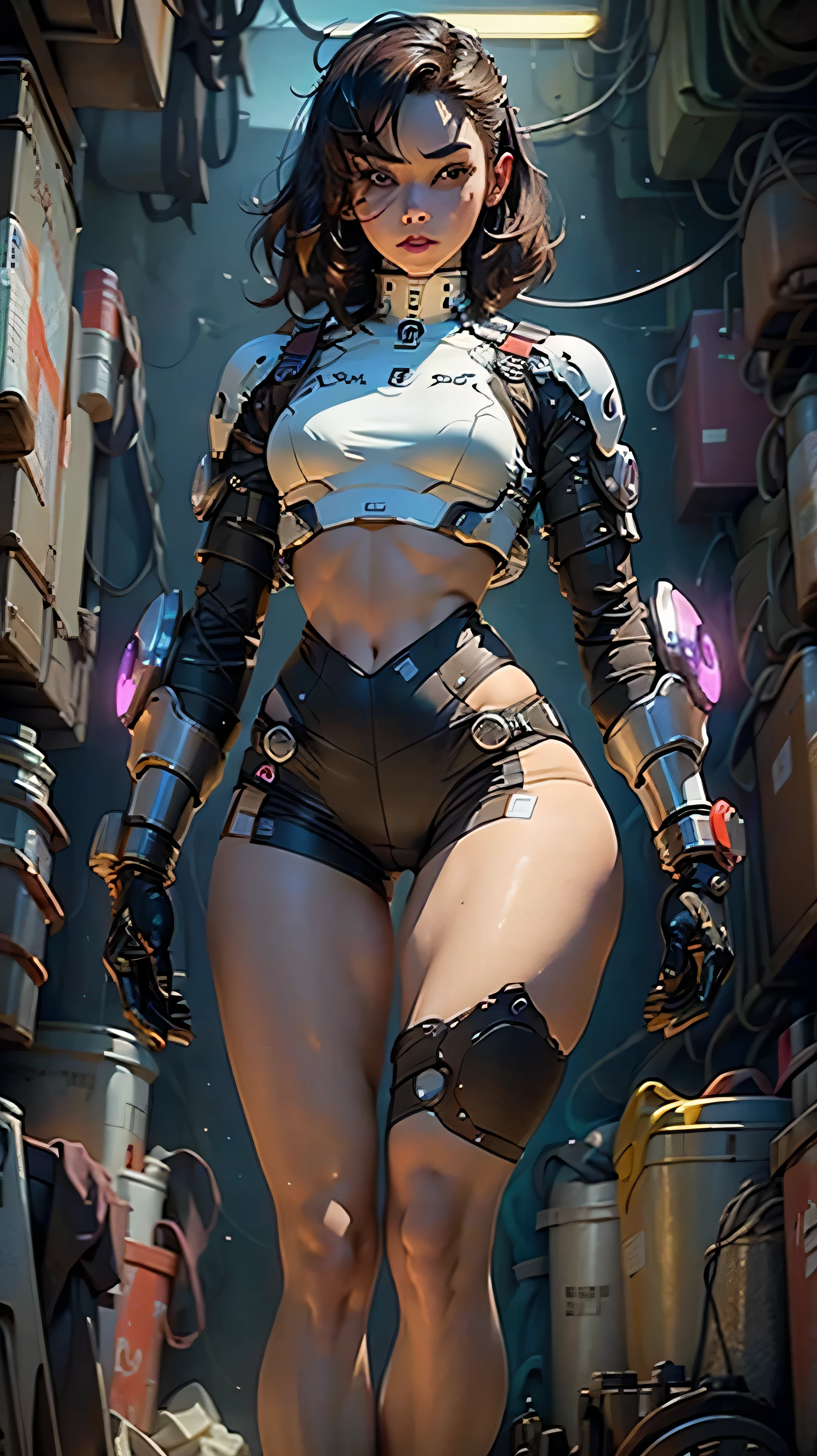 Woman body defined thick thighs cybernetic body parts, short underwear