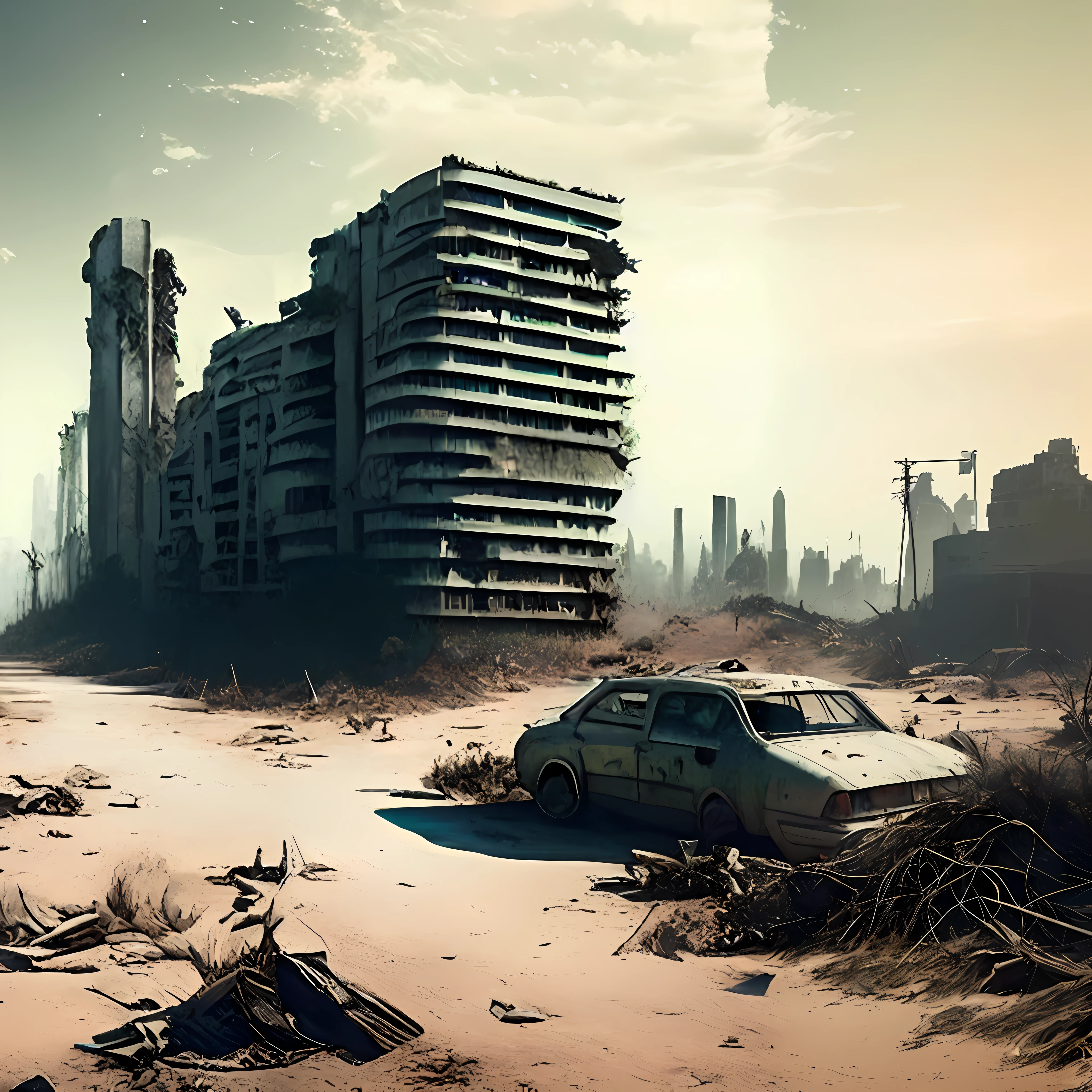 Framed city with a car in the middle of a barren area, post-apocalyptic world, Abandoned city-антиутопия, post-apocalyptic city, dystopian wasteland, Digital concept art of dystopia, post-apocalyptic landscape, Post-apocalyptic wasteland, in a post-apocalyptic wasteland, in a post apocalyptic city, Post-apocalyptic wasteland, dystopian sci-fi apocalypse, Post-apocalyptic city, Abandoned city