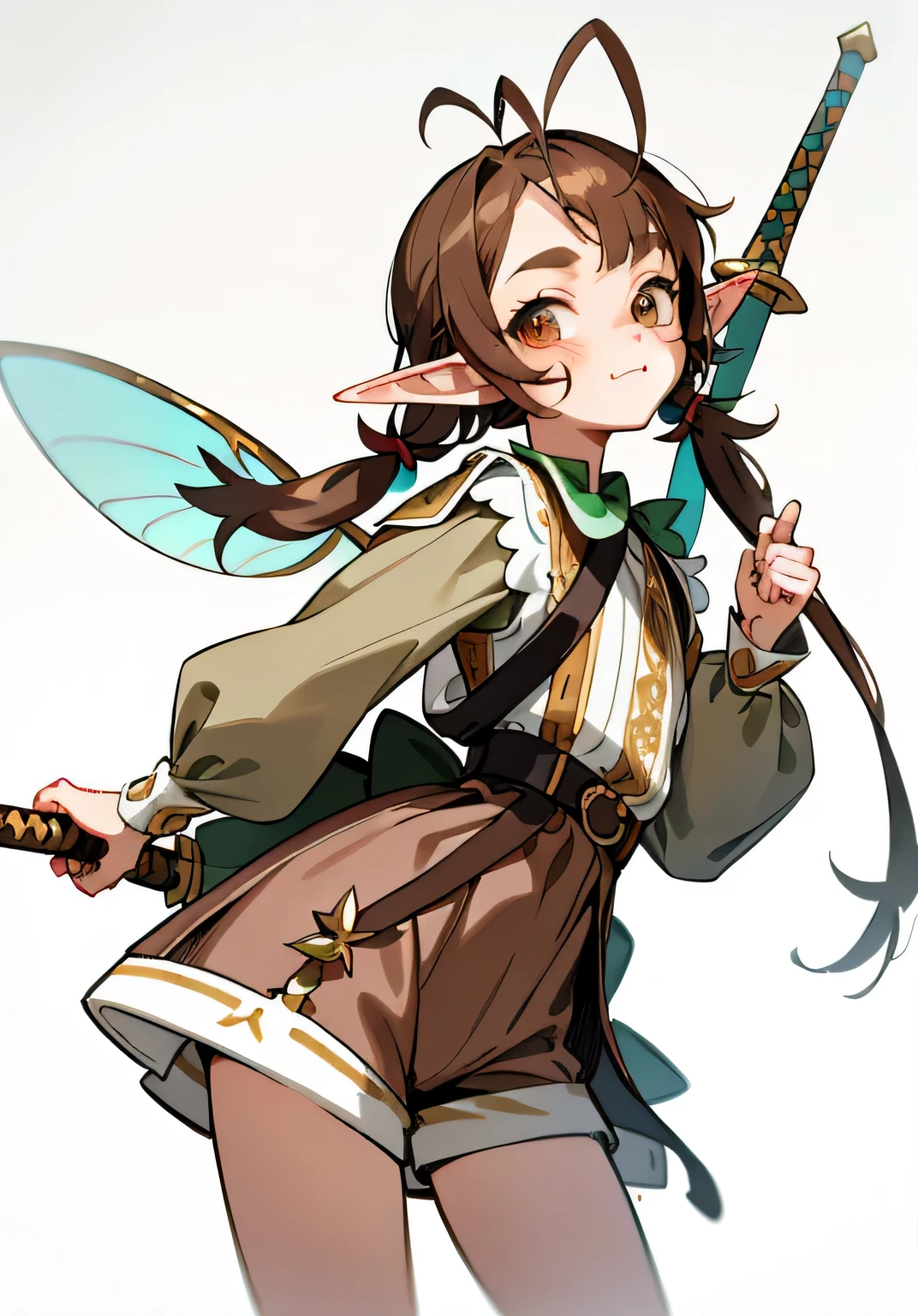 1GIRL, cute girl, finely detailed, (best quality), (intricate details), cute style, fairy style, multicolored, fairy knight style, ((long brown hair in pigtails)), best quality, ((elf ears)), ((antennae)), ((big fairy wings)), ((long sleeve shirt and shorts)), ((white and brown clothes)), ((elf style clothes)), ((round eyes)), (girl is holding a sword), beautiful face, cute face, pinup, perfect face, simple background portrait