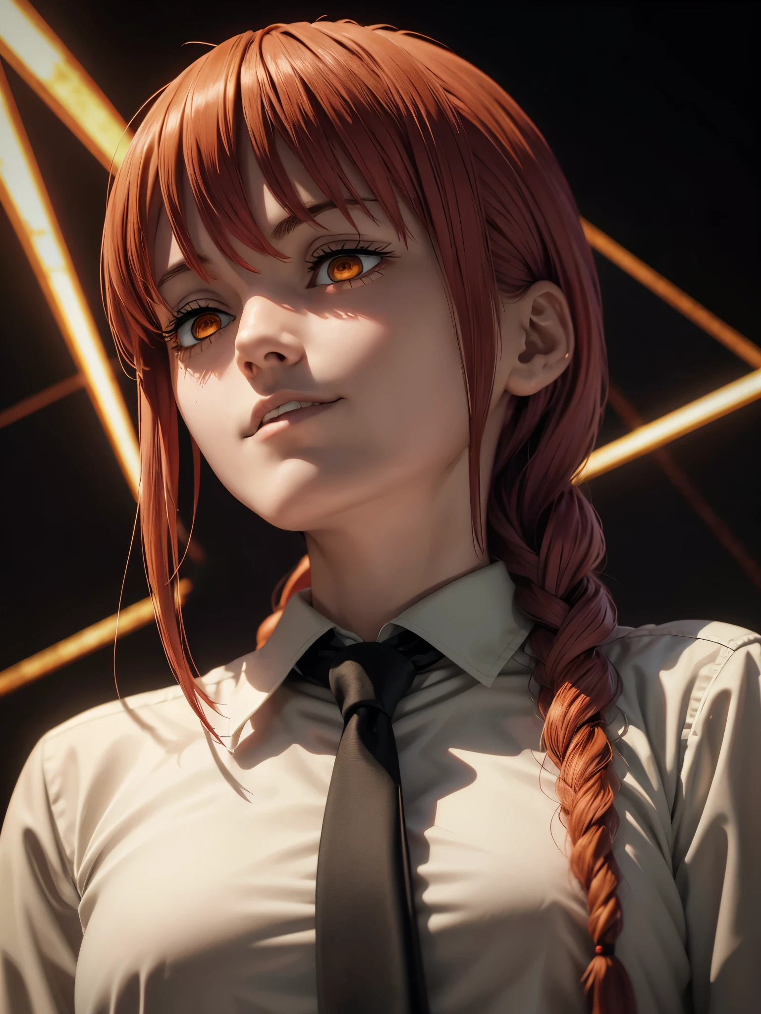 makima (chainsaw man), best quality, ultra detailed, 1girl, solo, standing, red hair, long braided hair, golden eyes, bangs, medium breasts, white shirt, necktie, stare, smile, (evil:1.2), looking at viewer, (interview:1.3), (dark background), from below, sharp contrast , gorgeous detailed eyes, focus , close up shot , glowing orange eyes,front view