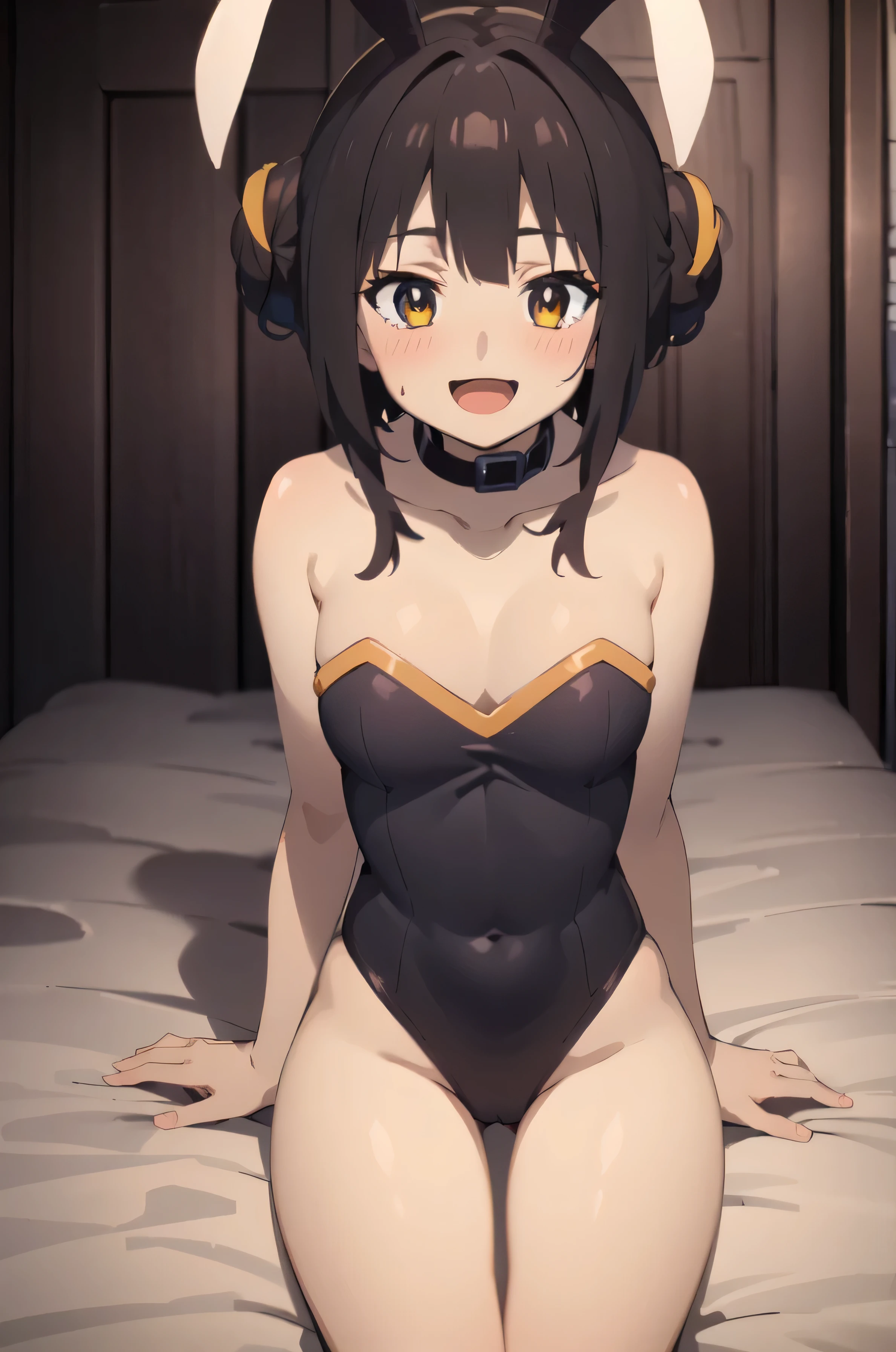 (1girl, solo), (perfect eyes), simple background ,black colored hair, double bun, messy hair, bangs, big breasts, yellow eyes, bags under eyes, smile, open mouth, (bunny ears, white bunny suit, thighs ), looking at viewer with lovely face, choker, sitting on bed, blushing 