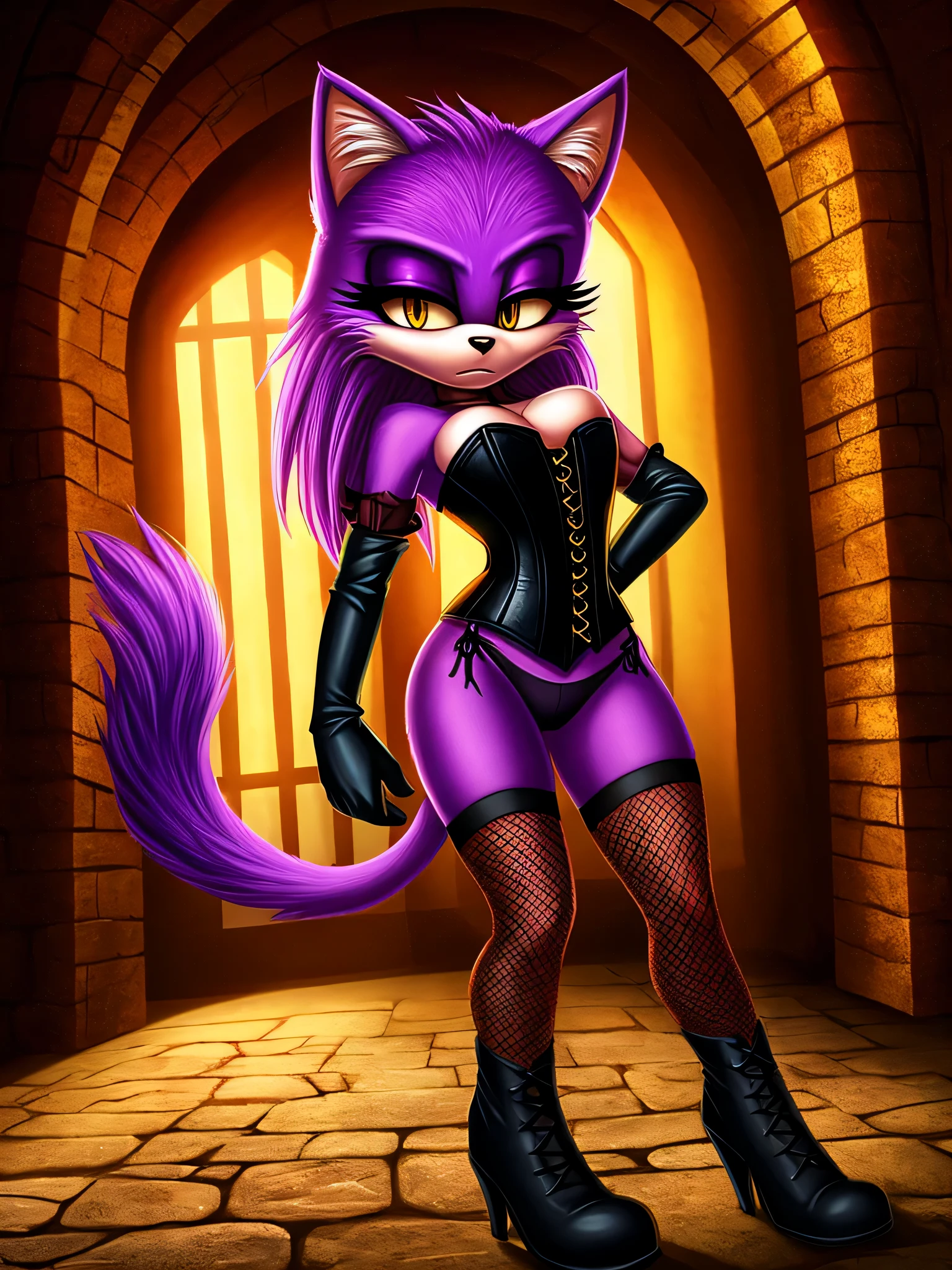 Mobian, short, cat, Purple fur, photorealistic, cinematic lighting, cinematic shadows, female, highly detailed, black corset, fishnet stockings, black boots, black elbow gloves, dungeon, black panties