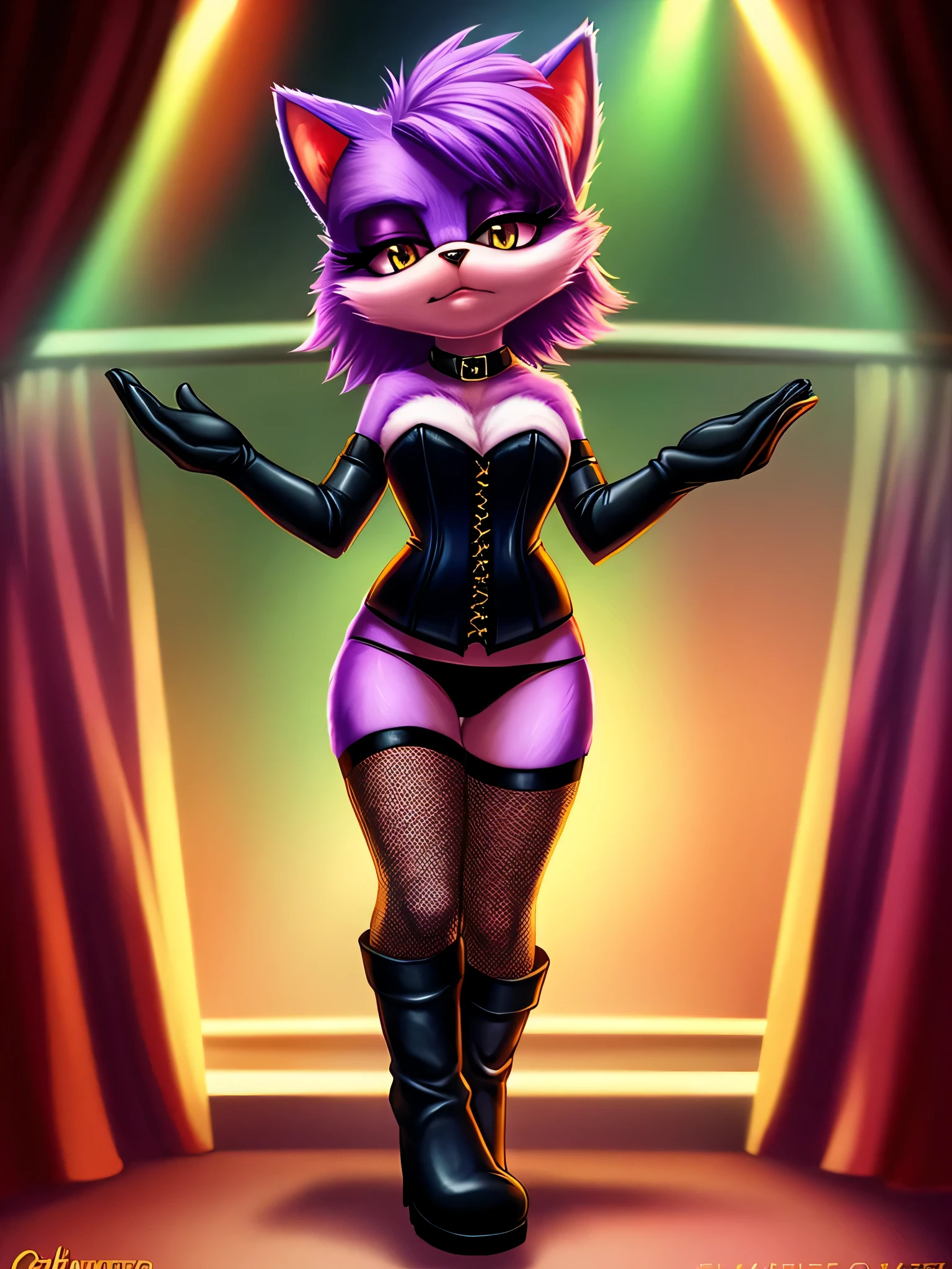 Mobian, short, cat, Purple fur, photorealistic, cinematic lighting, cinematic shadows, female, highly detailed, black corset, fishnet stockings, black boots, black elbow gloves, strip club, black panties