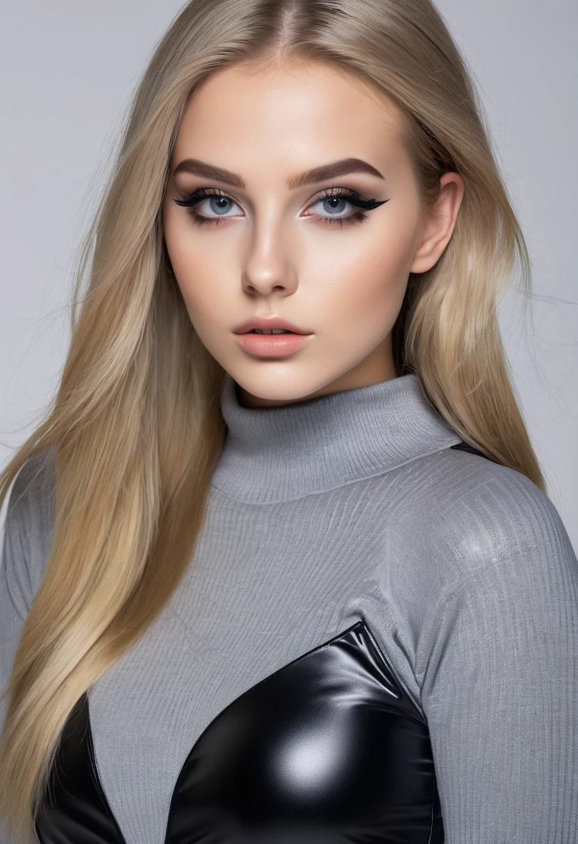 hyperrealistic beautiful 18-year-old women in grey sweater with shiny black latex shorts, model shooting photography, very long blonde straight hair, dark eye makeup with eyeliner, 8K, best quality, Meisterwerk, ultra high resolution, (Realismus: 1.4), Originalfoto, (realistische Hautstruktur: 1.3), (Filmkorn: 1.3), (Selfie-Winkel), 1 girl, Beautiful eyes and facial details, Meisterwerk, best quality,