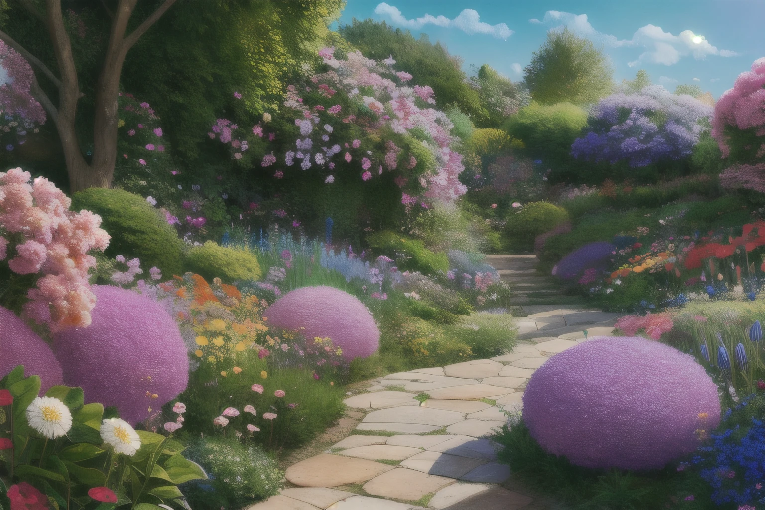 Valley-sized garden, filled with flowers, ultra HD, photorealistic concept art, vivid colors, highly detailed, UHD drawing, pen and ink, seamless composition, intricately detailed octane rendering, 8K art photography, photorealistic, soft natural light, volumetric, cinematic.