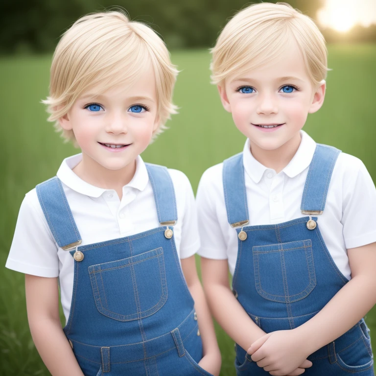 , two adorable blonde twin boys, age 6, w sparkling blue eyes, best quality, masterpiece, ultra high resolution, (realism: 1.2), original photo, (Realistic skin texture: 1.1), capturing their innocent smiles and playful expressions, dressed in matching white shirts and denim overalls, intricately detailed clothing, HDR, (intricate details, hyperdetailed: 1.0), cinematic shot, vignette, centered, images that perfectly encapsulate their youthful energy and bond.