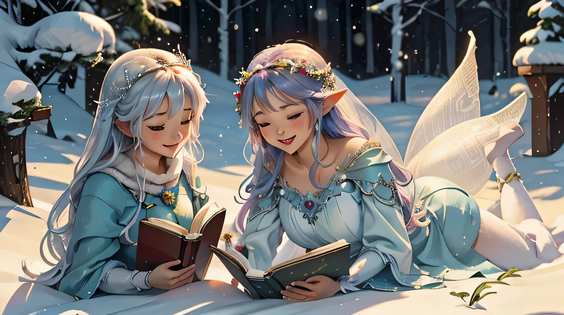 masterpiece,highest quality，Ultra-high resolution, Snow Country、The snow fairies are having fun。The heroine fairy is smiling and reading a book aloud、