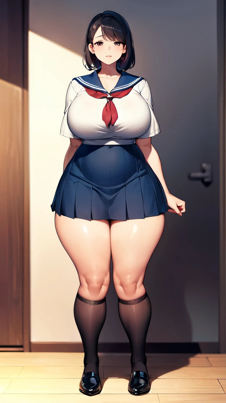 huge breasts, big hips,full body shot, mature mother, Whip whip lower body, plump thighs, plump calves, bewitching mature woman, Perfect body, plus size model,high school girl,sailor suit, skirt is short,Mature woman wearing sailor suit,
