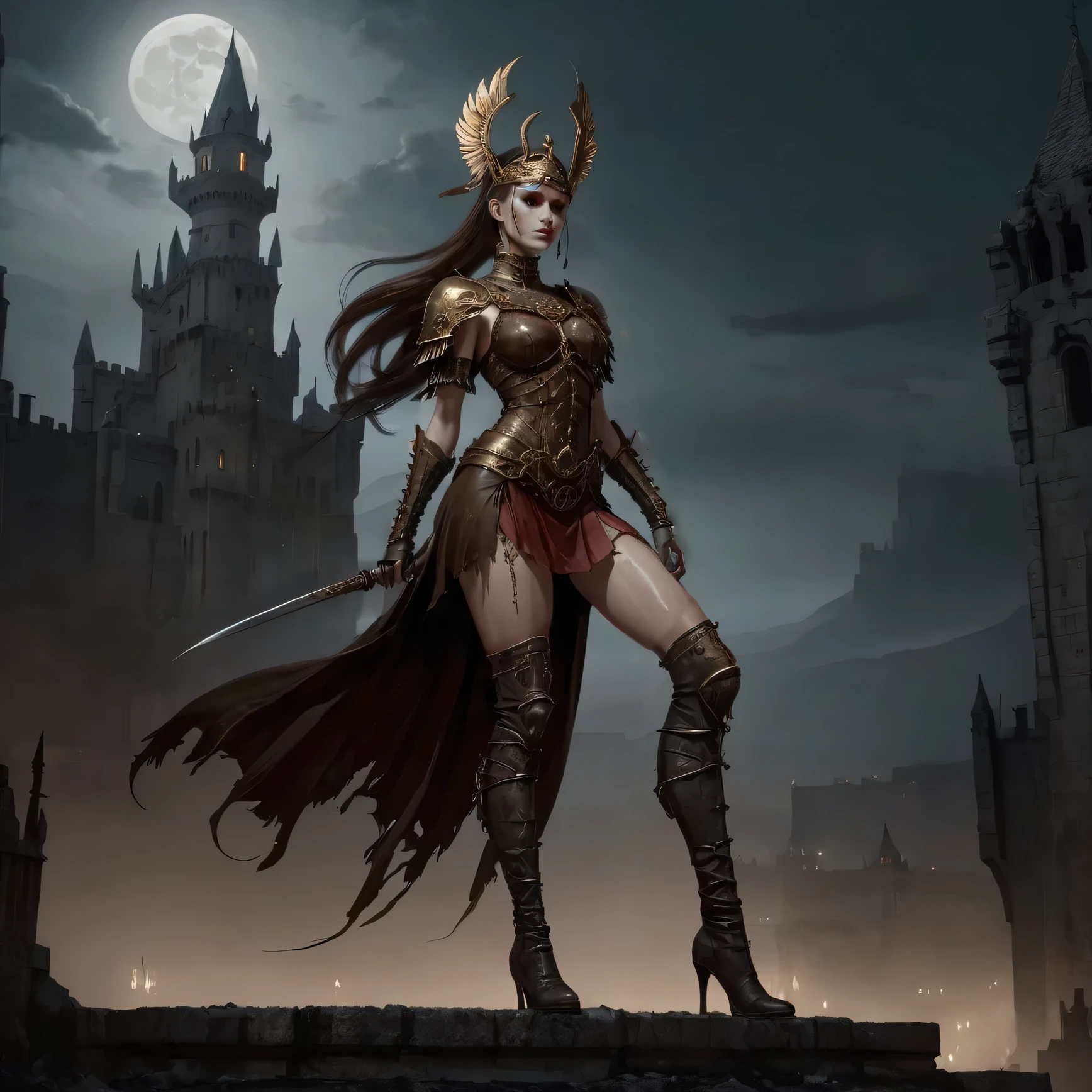 greek goddess, wearing winged circlet-helmet, long bright brown ponytail, undead warrior, brown leather dress with golden ornaments, barely visible big gothic castle in the background at dark night, cloudy, horror, foggy, misty, viewer is looking up to her, fullbody with legs and feet, tone mapped, detailed, highly detailed, digital painting, artstation, concept art, smooth, sharp focus, beautiful illustration, dead but living, white skin, thin lower body, red eyes, long ponytail, high heel boots, ponytail, seductive grin
