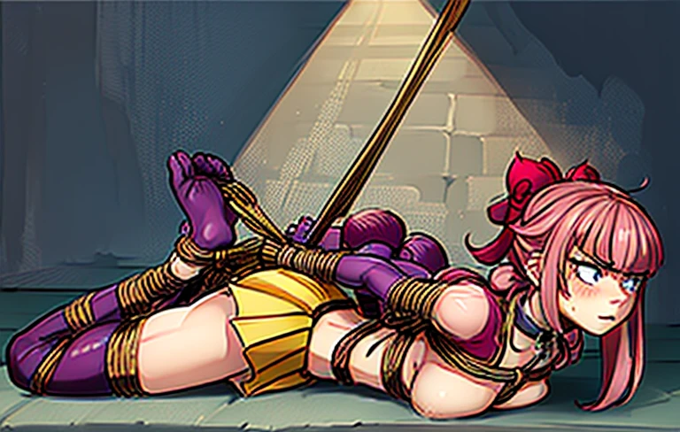 melodiebs, 1girl, solo, Melodie, idol, musical notes, pink hair, big bow, elbow gloves, black crop top, yellow skirt, thighhighs, fur stole, choker, pink boots (with X), cute and blushing 18 years old anime girl, look away because she is embarrassed and blushes, bright blue eyes, detailed face, detailed members, detailed arms, detailed hands, Girl lying, tied by ropes, shackled, can no longer move, tied tightly, very hard tied up with lots of ropes, hampered by so many ropes that she can no longer move, bound hands and feet, ropes tie his whole body, tied extremely tightly and forcefully to her bed by a lot of ropes, its limbs are strongly tied together by ropes, his torso is tied up with thick cords, her chest is so tied up with ropes that it sticks out, her legs are tied tightly with thick ropes, his hands are tied behind his back with ropes, she can no longer move her feet, her hands which are tied by thick ropes, she desperately tries to free herself, likes to be tied tight with big ropes, likes to be immobilized by big ropes, lying down, his hands and feet are strongly tied to the railing of his bed, his legs are pressed together and tied with ropes, its limbs are held vigorously by imposing ropes, her hands are tied securely behind her back by ropes, her chest is compressed by strong ropes, she is pressed against her bed and restrained by large ropes, (shibari, arms behind the back:1.4), (hands on the back), (masterpiece, best quality) 1.5, 1girl, solo, (sexy, beautiful woman, perfect face, perfect eyes, perfect hands), samus aran, (hands on the back), Spread the legs, s' ((lie in bed by big ropes)), ((close up of the girl)), ((((lie in bed)))), ((((arms tied behind the back, Legs Tied,La fille est allongée sur le ventre, La fille est allongée sur le sol:1.5)))), ((((girl seen from behind:1.4)))), ((((girl lying down on her stomach:1.4)))), ((((Outstretched arms:1.5)))), ((((Detailed hands:1.5))))