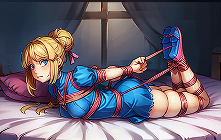 piperBS, 1girl, blonde hair, hair bun, blue dress, puffy sleeves, short sleeves, pink gloves, fingerless gloves, pink belt, shoes, blue footwear, cute and blushing 18 years old anime girl, look away because she is embarrassed and blushes, bright blue eyes, detailed face, detailed members, detailed arms, detailed hands, Girl lying, tied by ropes, shackled, can no longer move, tied tightly, very hard tied up with lots of ropes, hampered by so many ropes that she can no longer move, bound hands and feet, ropes tie his whole body, tied extremely tightly and forcefully to her bed by a lot of ropes, its limbs are strongly tied together by ropes, his torso is tied up with thick cords, her chest is so tied up with ropes that it sticks out, her legs are tied tightly with thick ropes, his hands are tied behind his back with ropes, she can no longer move her feet, her hands which are tied by thick ropes, she desperately tries to free herself, likes to be tied tight with big ropes, likes to be immobilized by big ropes, lying down, his hands and feet are strongly tied to the railing of his bed, his legs are pressed together and tied with ropes, its limbs are held vigorously by imposing ropes, her hands are tied securely behind her back by ropes, her chest is compressed by strong ropes, she is pressed against her bed and restrained by large ropes, (shibari, arms behind the back:1.4), (hands on the back), (masterpiece, best quality) 1.5, 1girl, solo, (sexy, beautiful woman, perfect face, perfect eyes, perfect hands), samus aran, (hands on the back), Spread the legs, s' ((lie in bed by big ropes)), ((close up of the girl)), ((((lie in bed)))), ((((arms tied behind the back, Legs Tied,La fille est allongée sur le ventre, La fille est allongée sur le sol:1.5)))), ((((girl seen from behind:1.4)))), ((((girl lying down on her stomach:1.4)))), ((((Outstretched arms:1.5)))), ((((Detailed hands:1.5))))