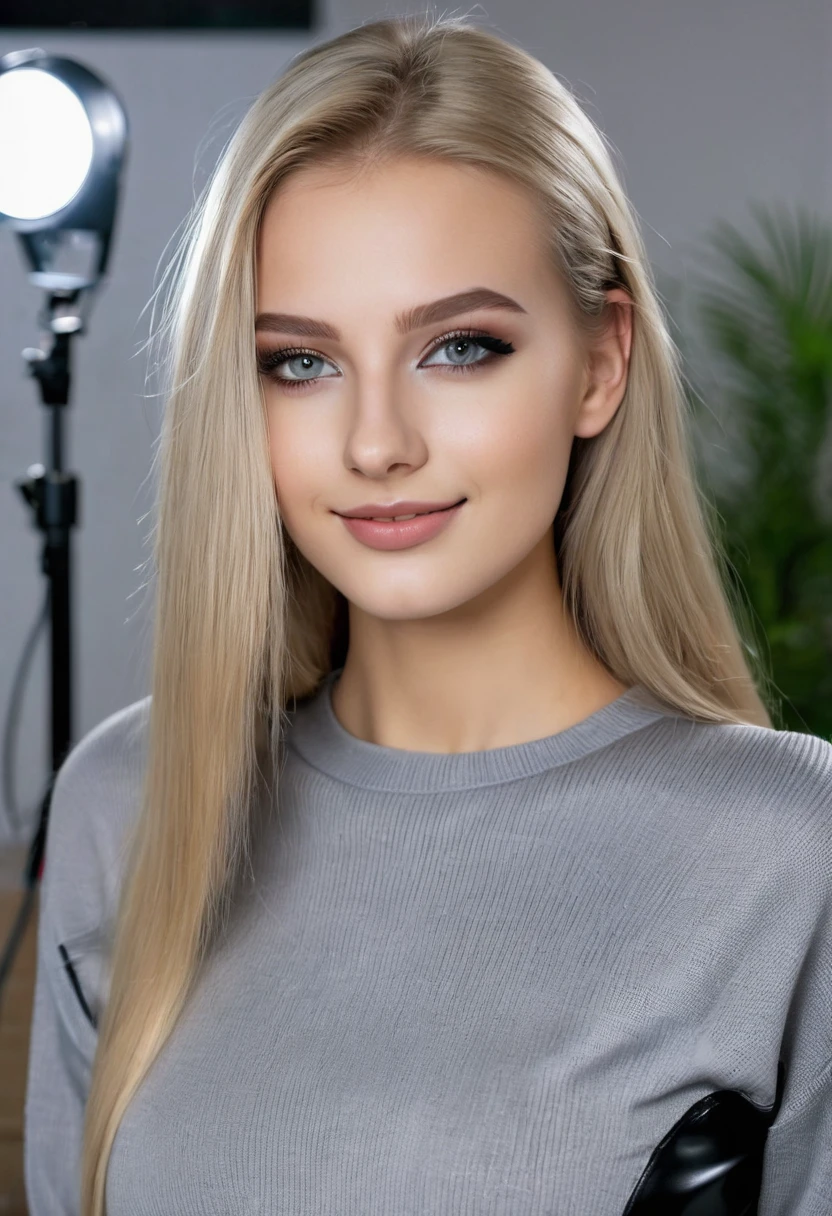 hyperrealistic beautiful 18-year-old women in grey sweater with shiny black latex shorts, model shooting photography, very long blonde straight hair, dark eye makeup with eyeliner, seductive smile, 8K, best quality, Meisterwerk, ultra high resolution, (Realismus: 1.4), Originalfoto, (realistische Hautstruktur: 1.3), (Filmkorn: 1.3), (Selfie-Winkel), 1 girl, Beautiful eyes and facial details, Meisterwerk, best quality,
