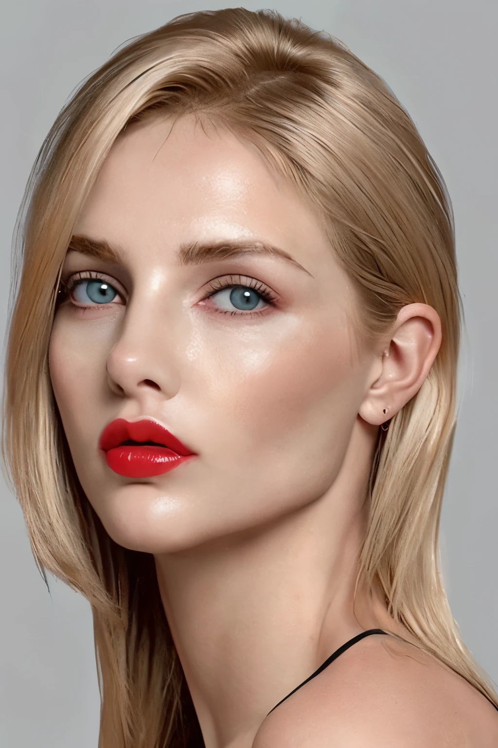 ((mejor calidad)), ((Obra maestra)), (detallado), a supermodel 28 year old sexy natural blonde woman with medium hair, misteriosa y muy imponente, seria y dominante, con los ojos de color morado, grandes, tiene nariz muydelgada, piel muy blanca, rasgos definidos y duros, thin heart shape face, con cejas delgadas y definidas del mismo color de su pelo, expresion seria y coqueta, casi la mujer mas bella del mundo, mirando al frente, pechos grandes y labios muy gruesos con labial rojo intenso