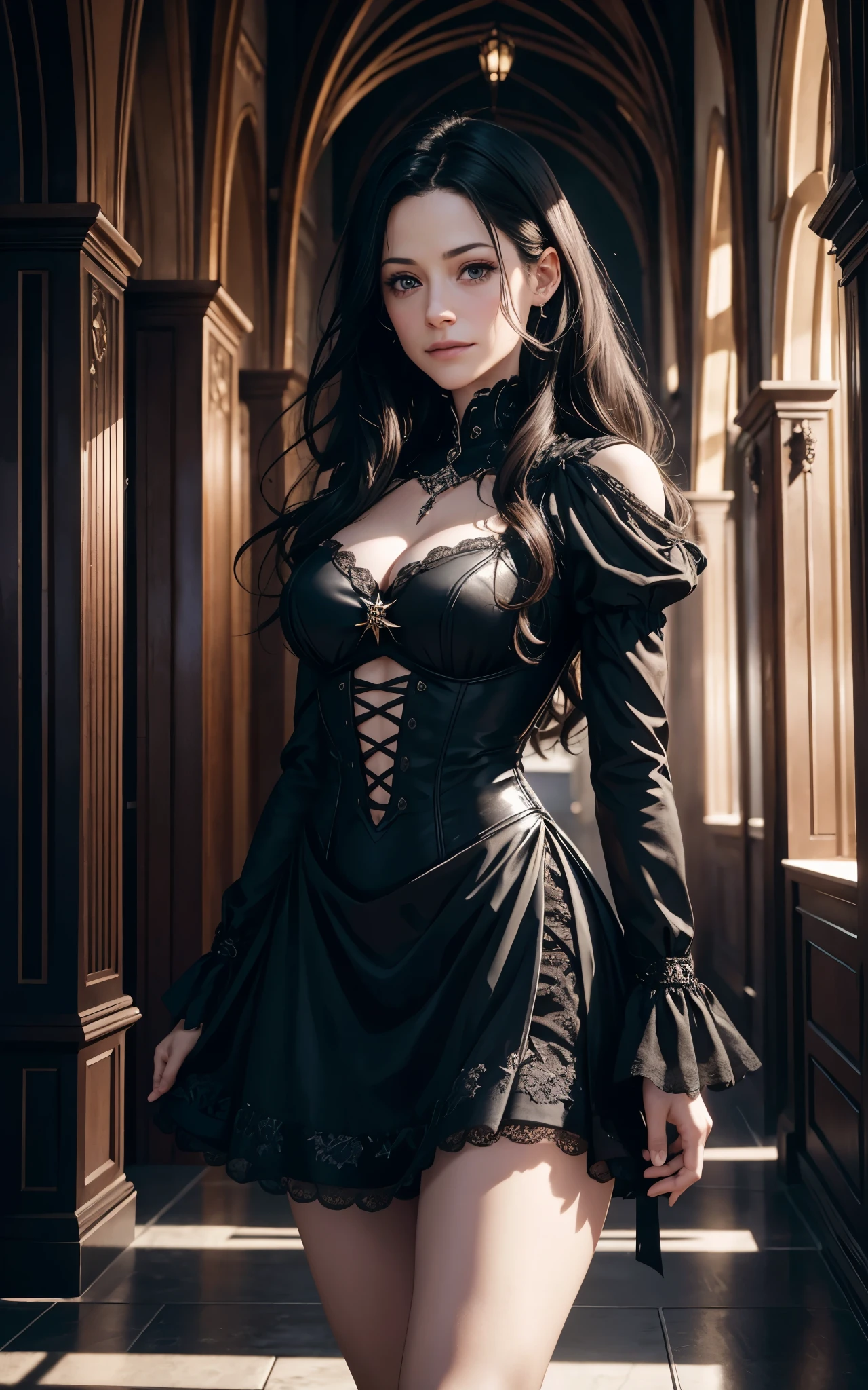 edgy goth woman wearing a Black lacy Victorian corset, upper body, Spiral curls, Emerald hair color, depth of field, hard shadows, night, dark , deep, grainy, silhouette lighting black stocking and glowing yellow eyes.