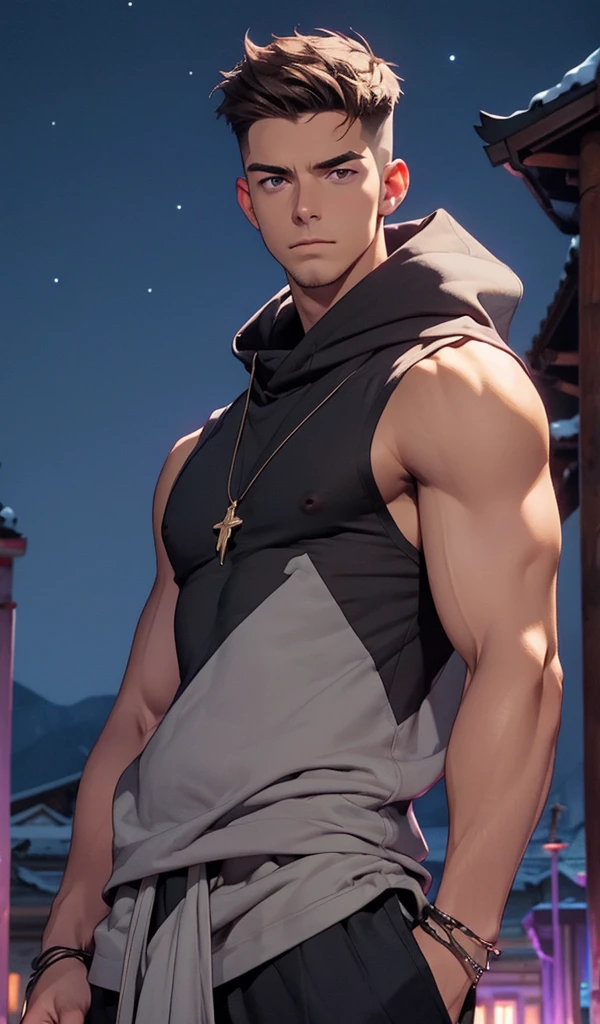 young man, defined body. Handsome, brown hair, clear purple eyes, masculine, hairless muscles, black hooded tank top, Tibetan bracelet, lapiz lazuli stone pendant, hands in pockets, looking up, background dark, stars, ruined temple, Little light, purple light, Ultra definition, HD, full color,
Jumping, view since down, looking at the camera,