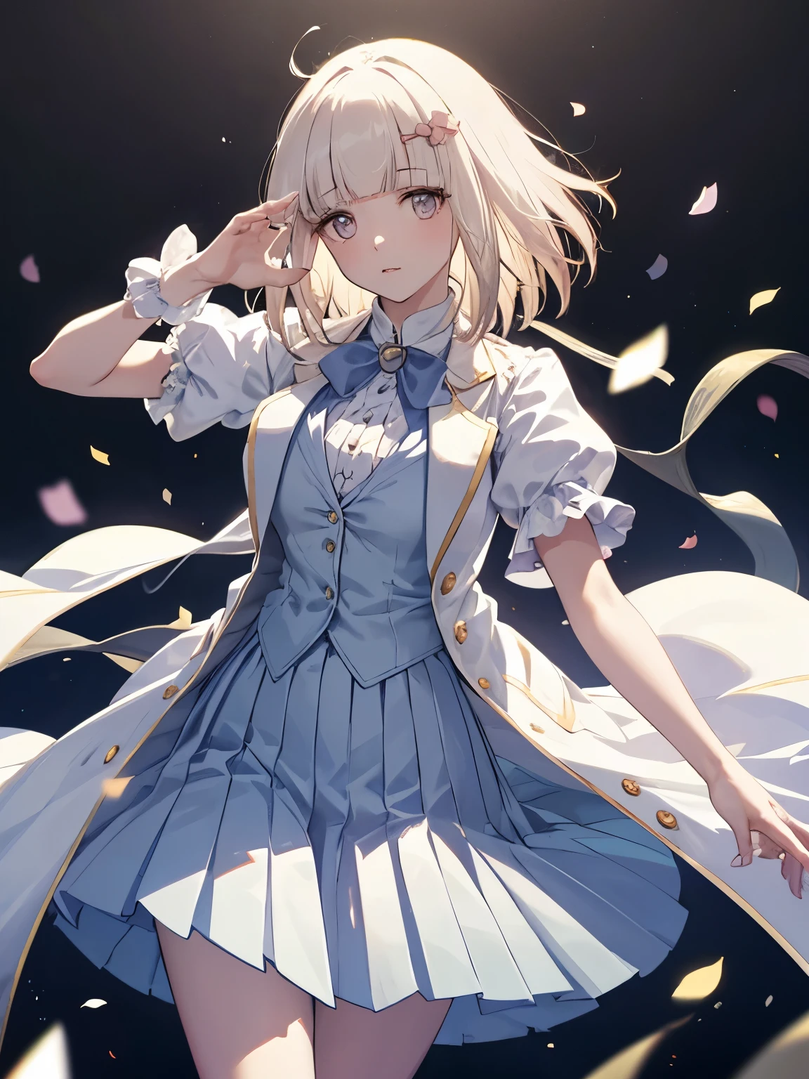 Mik, 1 girl, Solo, Best Quality, masutepiece, 8K, High resolution, Ultra-detailed, bob hair, reach arm for viewer, long coat, front opened, off white coat, short sleeves, puffy sleeves, pastel blue vest, pastel blue skirt, pleated skirt, large bowtie, short boots,