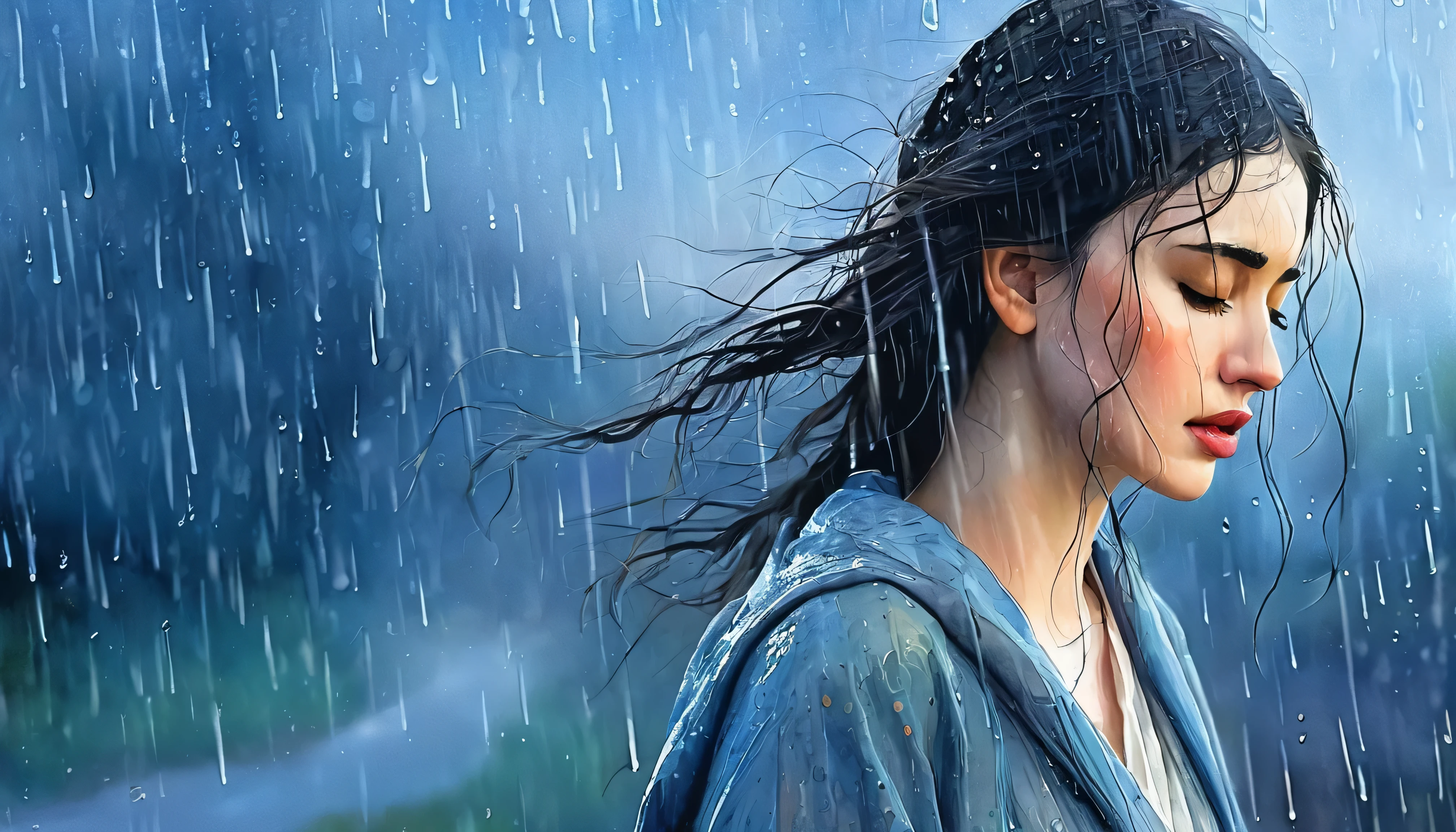 Description: A mystical scene where a beautiful woman, with her clothing drenched by rain, stands with her eyes closed, expressing sadness and the loss of love. Tags: a mystical scene, a beautiful woman, clothing soaked by rain, closed eyes, sad expression, loss of love Material: watercolor painting Additional details: raindrops falling from the sky, a gloomy atmosphere, gentle wind blowing, the sound of rain in the background Image quality: (best quality:1.2), ultra-detailed, high resolution, realistic Art style: portrait, emotional Color scheme: cool tones, shades of blue and gray Lighting: soft, diffused light, shadows cast by raindrops on the woman's face