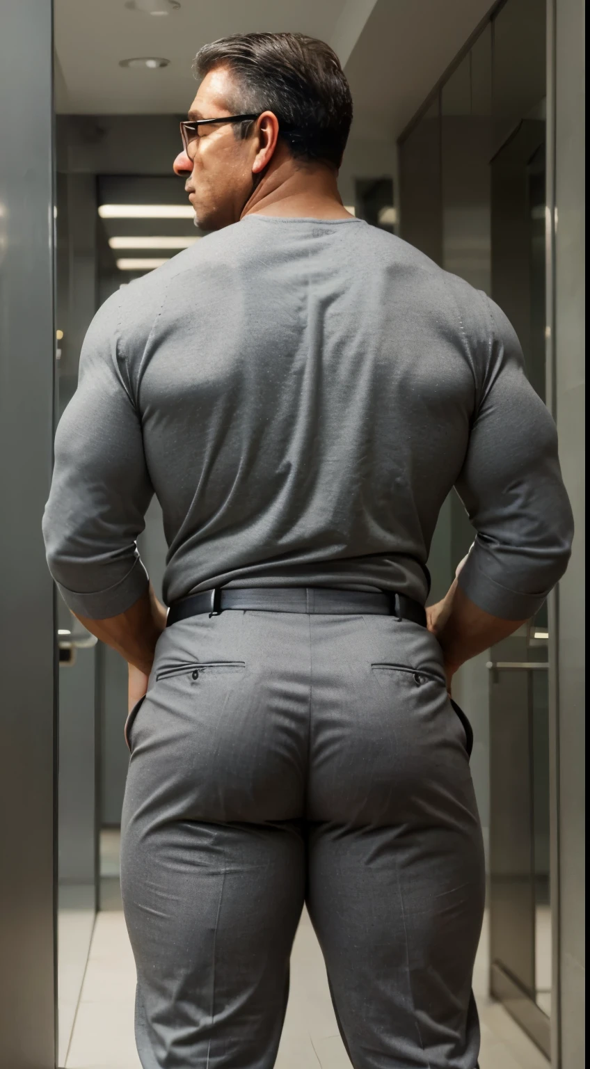 45-year-old mature man, professor with glasses, gray hair, very handsome, Big body very muscular, very butt, with tight dress pants and suspenders, backside