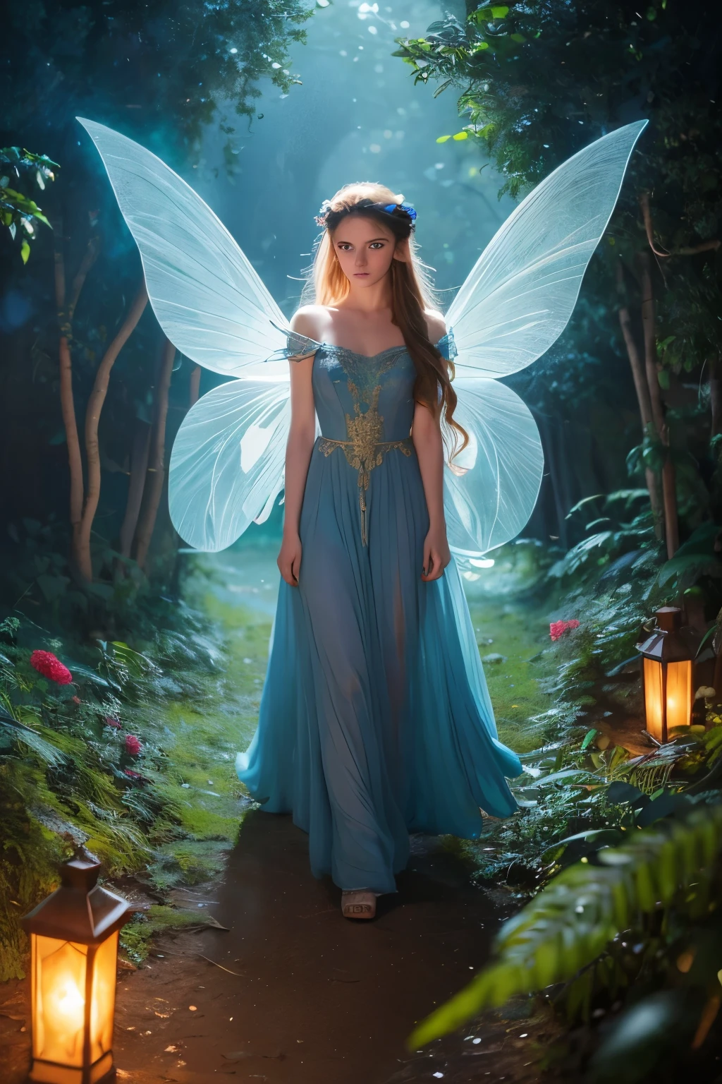 An image of 3 fairies with unique features living in an enchanted forest. The first fairy has long, golden hair, blue dress and transparent wings. The second fairy has short, red hair, a green dress, and sparkling wings. The third fairy has curly brown hair, pink dress and wings with colorful sparkles. The image should convey the joy and magic of the fairies, with vivid and vibrant colors. Digital illustration, fantastic art style, top-quality、Smooth straight blonde hair、(best quality, masterpiece:1.4, beautiful and aesthetic), 8K, (HDR:1.4), high contrast, extremely detailed, hyper realistic, absurdres:1.2, Kodak portra 400, bokeh:1.2, lens flare, (vibrant color:1.4), (muted colors, dim colors, soothing tones:0), cinematic lighting, ambient lighting, sidelighting, Exquisite details and textures, cinematic shot, Warm tone, (Bright and intense:1.2), wide shot, ultra realistic illustration, anime style, Art by Kinuko Y. Craft and Josephine Wall, Stephanie Law, Linda Ravenscroft, Strolling through an enchanting cosmic garden veiled in mystic fog, a person ventures forward, guided by the unseen wonders that unfold with each step, painting a captivating tapestry of celestial secrets. Embarking on a journey where the immediate future remains obscured, they embrace the allure of the unknown, weaving their way through a celestial ballet of whispers and wonders.(Melody Marks:1.3),(deep blue eyes:1.4), eleonora pavinato, high-resolution, realistic portrayal, fashion-forward, loving bond, trendy attire, captivating smiles, natural beauty, professional lighting, contemporary style, artistic composition