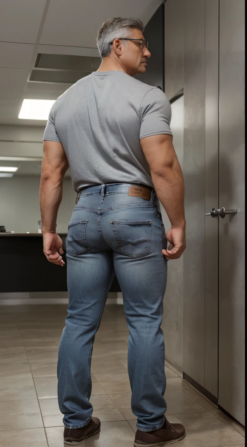 45-year-old mature man, professor with glasses, gray hair, very handsome, Big body very muscular, very butt, with tight jeans, backside jeans manly