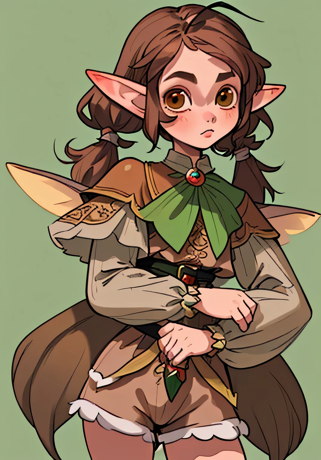 1GIRL, cute girl, finely detailed, (best quality), (intricate details), cute style, fairy style, dungeons and dragons style, multicolored, fairy knight, ((long brown hair in pigtails)), best quality, ((elf ears)), ((fuzzy antennae)), ((big fairy wings)), ((long sleeve shirt and shorts)), ((white and brown clothes)), ((elf style clothes)), ((round eyes)), girl is holding a sword, beautiful face, cute face, pinup, perfect face, simple background portrait