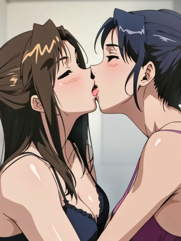 masterpiece, quality, A high resolution,((( 2 girls))), ((Yuri)), ((this kiss:1.4)), giving a hot kiss, in the bedroom, sexy lingerie, big