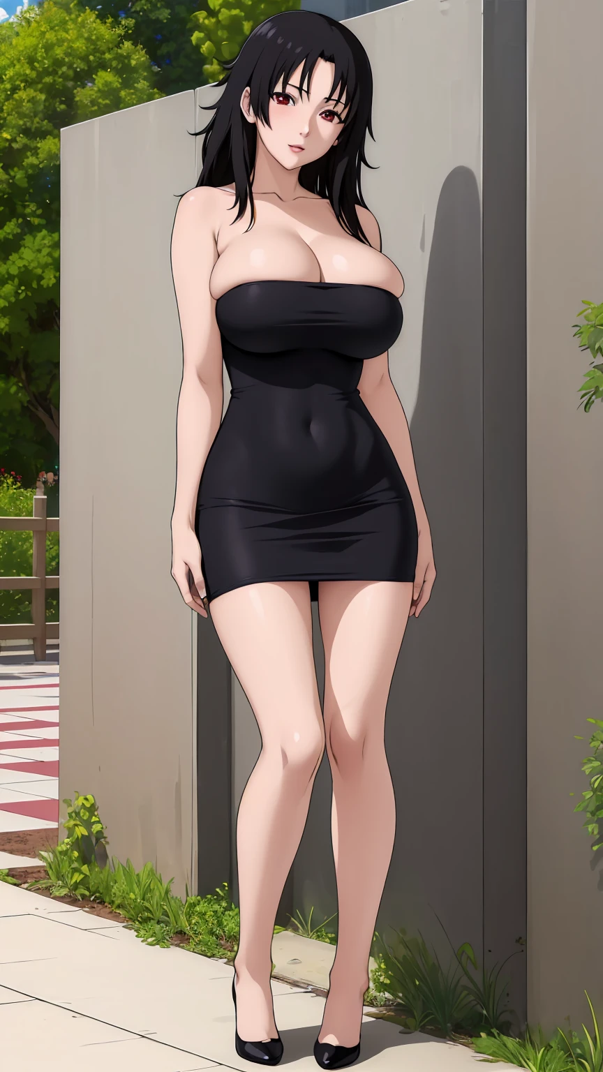 masterpiece, ultra high-quality, extremely detail 8k cg, high resolution, 1girl, kurenai yuhi, black hair, red eyes, thin body, ????????????, bursting ???????, strapless shorttubedress, beautiful face, outdoors, garden, full shot photo, full body