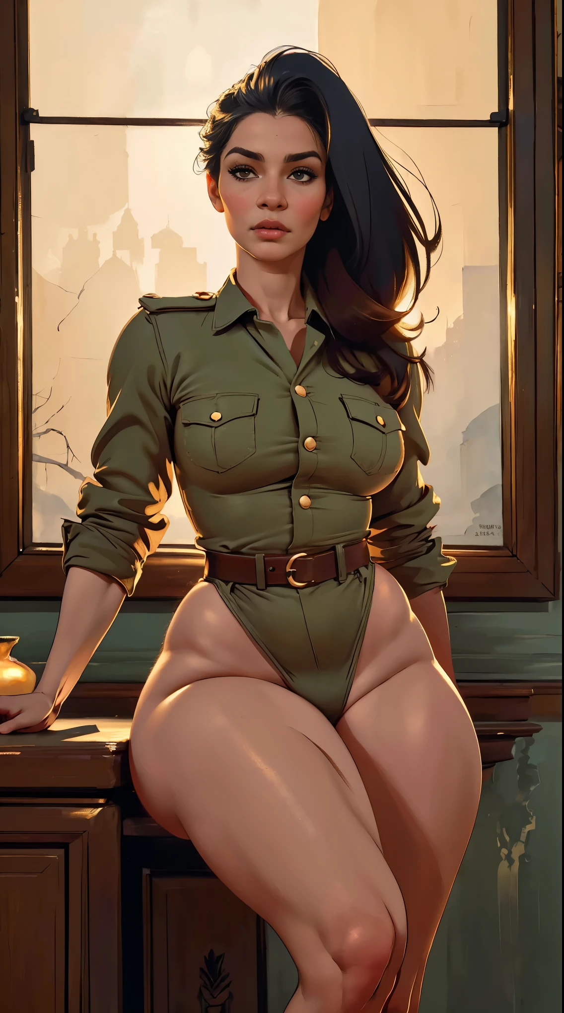 (AOC:1.1), braga, from militar, hunched over, wide hips, thick thighs, oil painting, by Sargent, (best quality,4k,8k,highres,masterpiece:1.2), ultra-detailed, (realistic,photorealistic,photo-realistic:1.37), portraits, warm color palette, soft lighting.