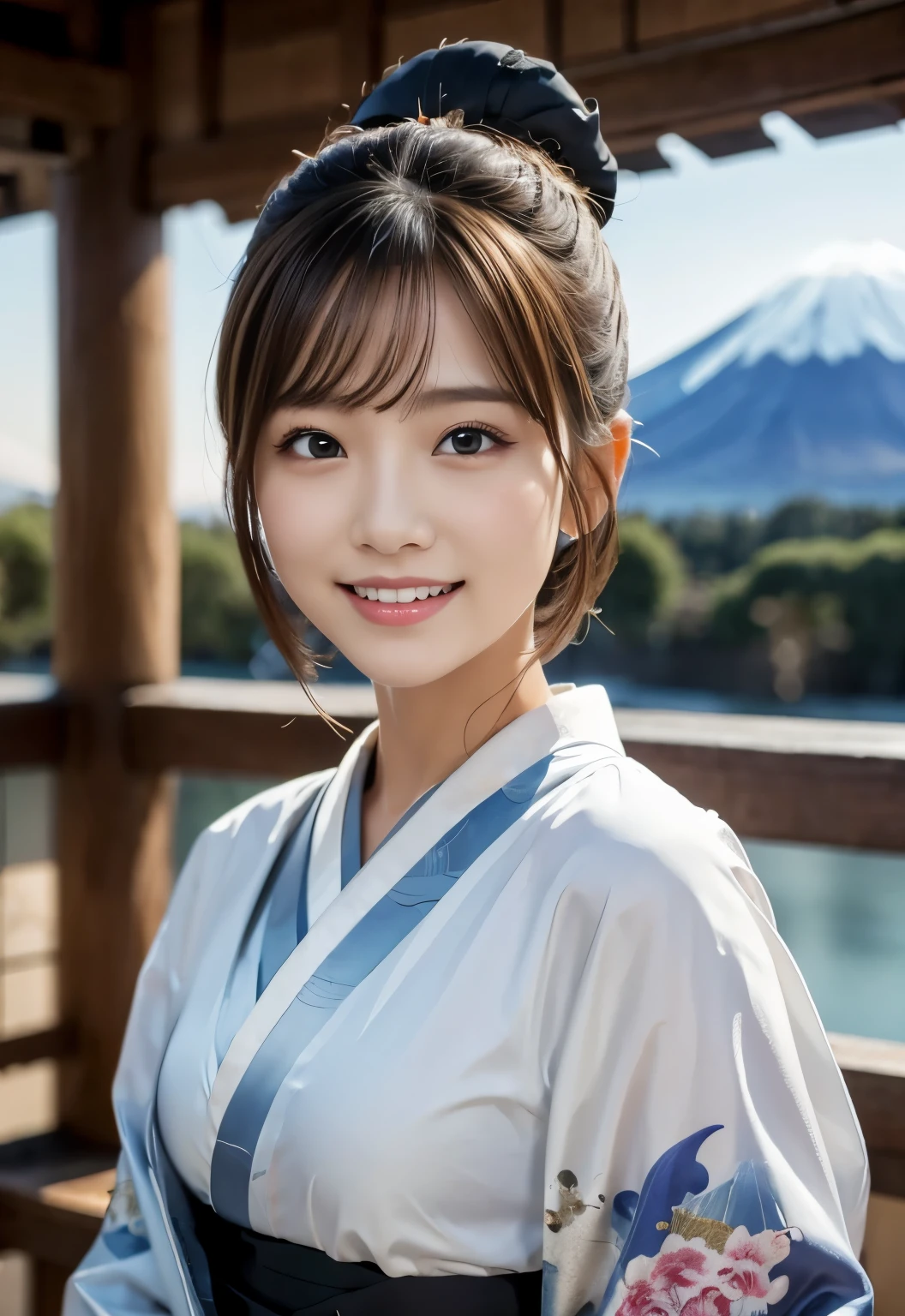 (masterpiece, best quality:1.1), (8k, raw photo, photo realistic:1.2, f22), (shiny skin), detailed skin, Bun Hair,detailed face, detailed eyes, smile,BREAK, real world, intricate details, smil, BREAK, 1girl, (kimono), BREAK, (Mt.Fuji:1.4), BREAK