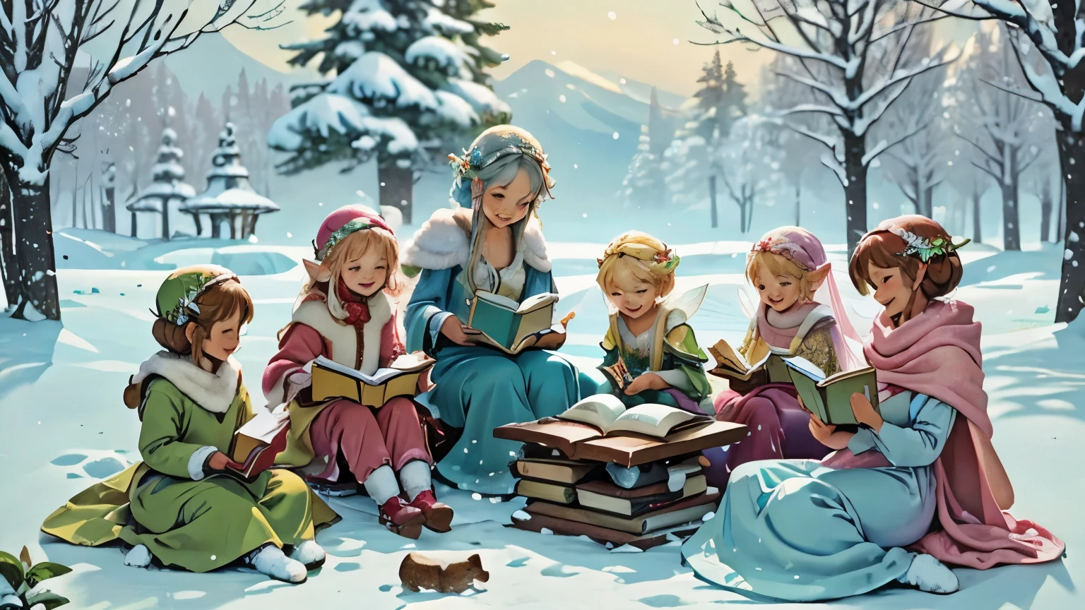 masterpiece,highest quality，Ultra-high resolution, Snow Country、The snow fairies are having fun、A fairy is smiling and reading a book to several other fairies.。