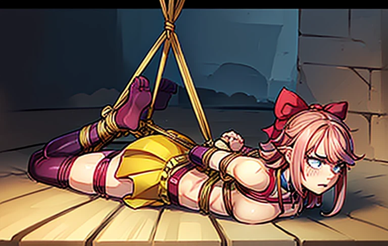 melodiebs, 1girl, solo, Melodie, idol, musical notes, pink hair, big bow, elbow gloves, black crop top, yellow skirt, thighhighs, fur stole, choker, pink boots (with X), cute and blushing 18 years old anime girl, look away because she is embarrassed and blushes, bright blue eyes, detailed face, detailed members, detailed arms, detailed hands, Girl lying, tied by ropes, shackled, can no longer move, tied tightly, very hard tied up with lots of ropes, hampered by so many ropes that she can no longer move, bound hands and feet, ropes tie his whole body, tied extremely tightly and forcefully to her bed by a lot of ropes, its limbs are strongly tied together by ropes, his torso is tied up with thick cords, her chest is so tied up with ropes that it sticks out, her legs are tied tightly with thick ropes, his hands are tied behind his back with ropes, she can no longer move her feet, her hands which are tied by thick ropes, she desperately tries to free herself, likes to be tied tight with big ropes, likes to be immobilized by big ropes, lying down, his hands and feet are strongly tied to the railing of his bed, his legs are pressed together and tied with ropes, its limbs are held vigorously by imposing ropes, her hands are tied securely behind her back by ropes, her chest is compressed by strong ropes, she is pressed against her bed and restrained by large ropes, (shibari, arms behind the back:1.4), (hands on the back), (masterpiece, best quality) 1.5, 1girl, solo, (sexy, beautiful woman, perfect face, perfect eyes, perfect hands), samus aran, (hands on the back), Spread the legs, s' ((lie in bed by big ropes)), ((close up of the girl)), ((((lie in bed)))), ((((arms tied behind the back, Legs Tied,La fille est allongée sur le ventre, La fille est allongée sur le sol:1.5)))), ((((girl seen from behind:1.4)))), ((((girl lying down on her stomach:1.4)))), ((((Outstretched arms:1.5)))), ((((Detailed hands:1.5))))
