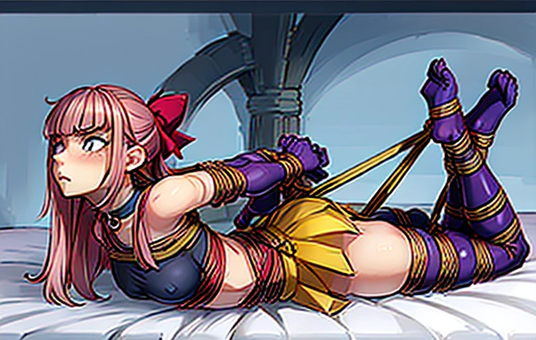melodiebs, 1girl, solo, Melodie, idol, musical notes, pink hair, big bow, elbow gloves, black crop top, yellow skirt, thighhighs, fur stole, choker, pink boots (with X), cute and blushing 18 years old anime girl, look away because she is embarrassed and blushes, bright blue eyes, detailed face, detailed members, detailed arms, detailed hands, Girl lying, tied by ropes, shackled, can no longer move, tied tightly, very hard tied up with lots of ropes, hampered by so many ropes that she can no longer move, bound hands and feet, ropes tie his whole body, tied extremely tightly and forcefully to her bed by a lot of ropes, its limbs are strongly tied together by ropes, his torso is tied up with thick cords, her chest is so tied up with ropes that it sticks out, her legs are tied tightly with thick ropes, his hands are tied behind his back with ropes, she can no longer move her feet, her hands which are tied by thick ropes, she desperately tries to free herself, likes to be tied tight with big ropes, likes to be immobilized by big ropes, lying down, his hands and feet are strongly tied to the railing of his bed, his legs are pressed together and tied with ropes, its limbs are held vigorously by imposing ropes, her hands are tied securely behind her back by ropes, her chest is compressed by strong ropes, she is pressed against her bed and restrained by large ropes, (shibari, arms behind the back:1.4), (hands on the back), (masterpiece, best quality) 1.5, 1girl, solo, (sexy, beautiful woman, perfect face, perfect eyes, perfect hands), samus aran, (hands on the back), Spread the legs, s' ((lie in bed by big ropes)), ((close up of the girl)), ((((lie in bed)))), ((((arms tied behind the back, Legs Tied,La fille est allongée sur le ventre, La fille est allongée sur le sol:1.5)))), ((((girl seen from behind:1.4)))), ((((girl lying down on her stomach:1.4)))), ((((Outstretched arms:1.5)))), ((((Detailed hands:1.5))))