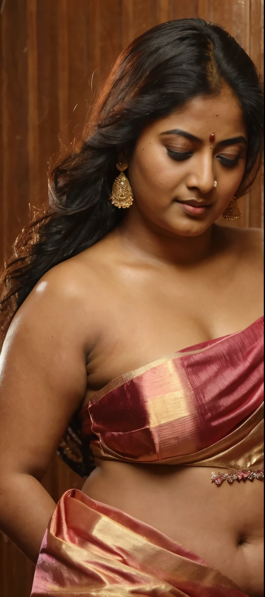 arafed woman in a pink sari, looks like Sandeepa Dhar, thick figure, curvy, traditional beauty, hindu aesthetic, assamese aesthetic, traditional makeup, indian goddess, indian girl with brown skin, wearing bihu dress mekhela sador, indian style, indian, gorgeous woman, south east asian with round face, a stunning portrait of a goddess, beautiful himalayan woman, beautymarks,