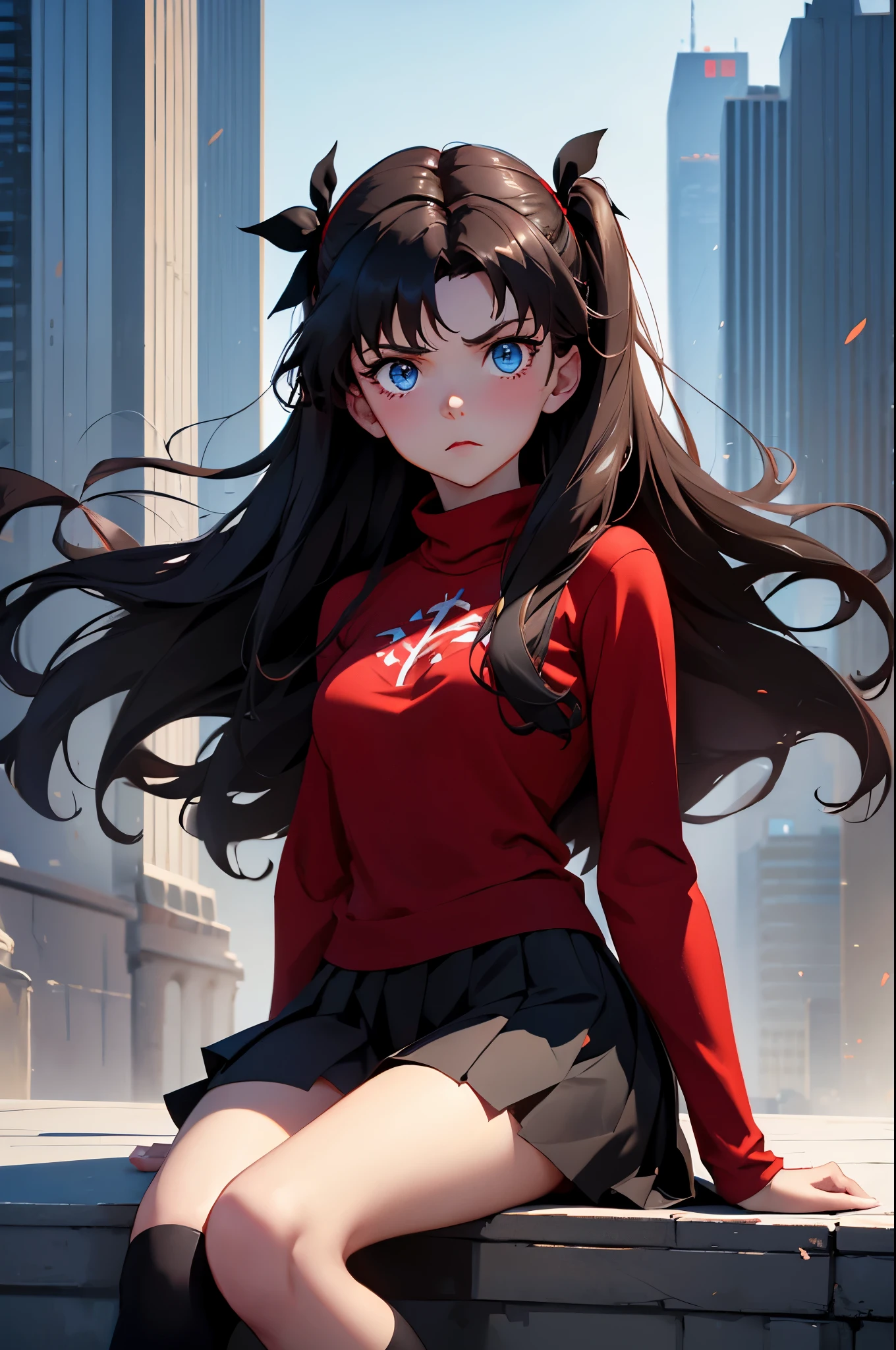 (masterpiece), best quality, expressive eyes, perfect face, 1girl, solo, rintohsaka, rin tohsaka, aqua eyes, black hair, hair ribbon, long hair, ribbon, sidelocks, two side up, black skirt, black thighhighs, long sleeves, miniskirt, pleated skirt, ((red sweater)), skirt, sweater, thighhighs, turtleneck, city background, sitting, character sheet, upper body, portrait, looking at viewer