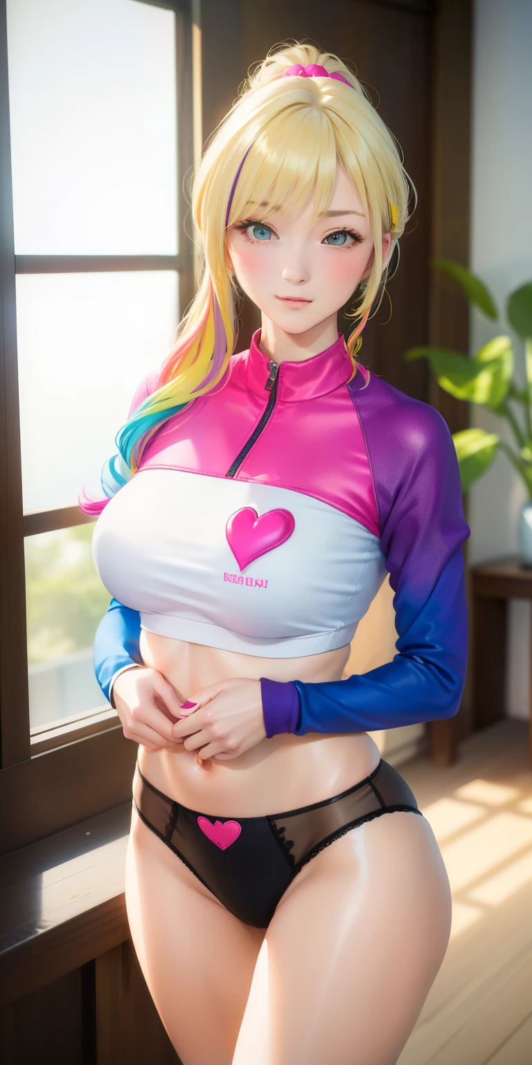 Big Breasts ((masterpiece)), ((1 girl, 20-year-old)) ((((Beautiful bright multicolored blonde hair with bangs)))) beautiful hair ornament, High Ponytail, highest quality, Absurd, Super detailed, holographic, cowboy pictures, Golden Ratio, so beautiful、明るい紫色の瞳がso beautiful, Beautiful and sexy body, Slender body, (((Perfect body))), I'm wearing super tight mini boxers with a heart pattern., Heart print on the shoulders, Long sleeve, pink jordan sneakers, Super cute girl, Blushing, ((shy and sensual)) mature girl, Asian Girl, Photo taken at an amusement park