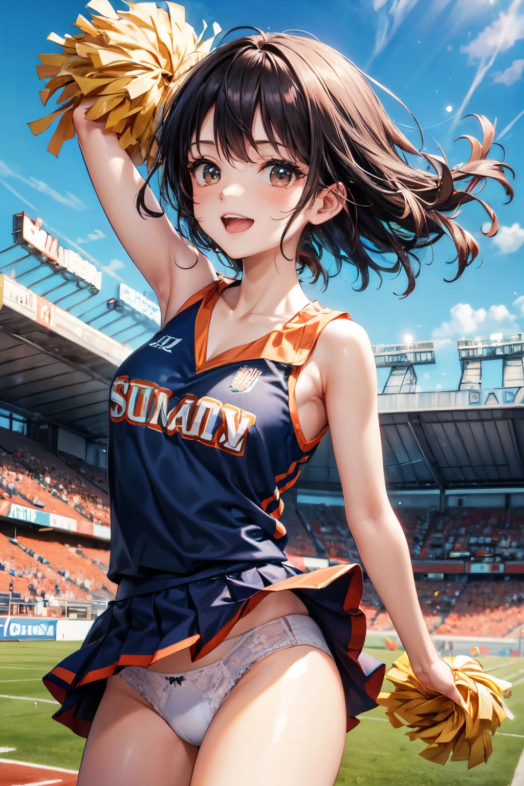 very cute and beautiful cheerleader girl,(highly detailed beautiful face),(holding pom poms:1.1),(laugh),
(stadium stands),cowboy shot,dynamic pose,(white panties),(sleeveless orange shirt),beautiful legs,looking at viewer,black hair,
(best quality,masterpiece:1.0),absurdres,highres,ultra-detailed,extremely detailed,32k,8k resolution,
intricate details,cinematic scene,detailed background,solo,dynamic angle,
hair fluttering in the wind,beautiful detailed sky,