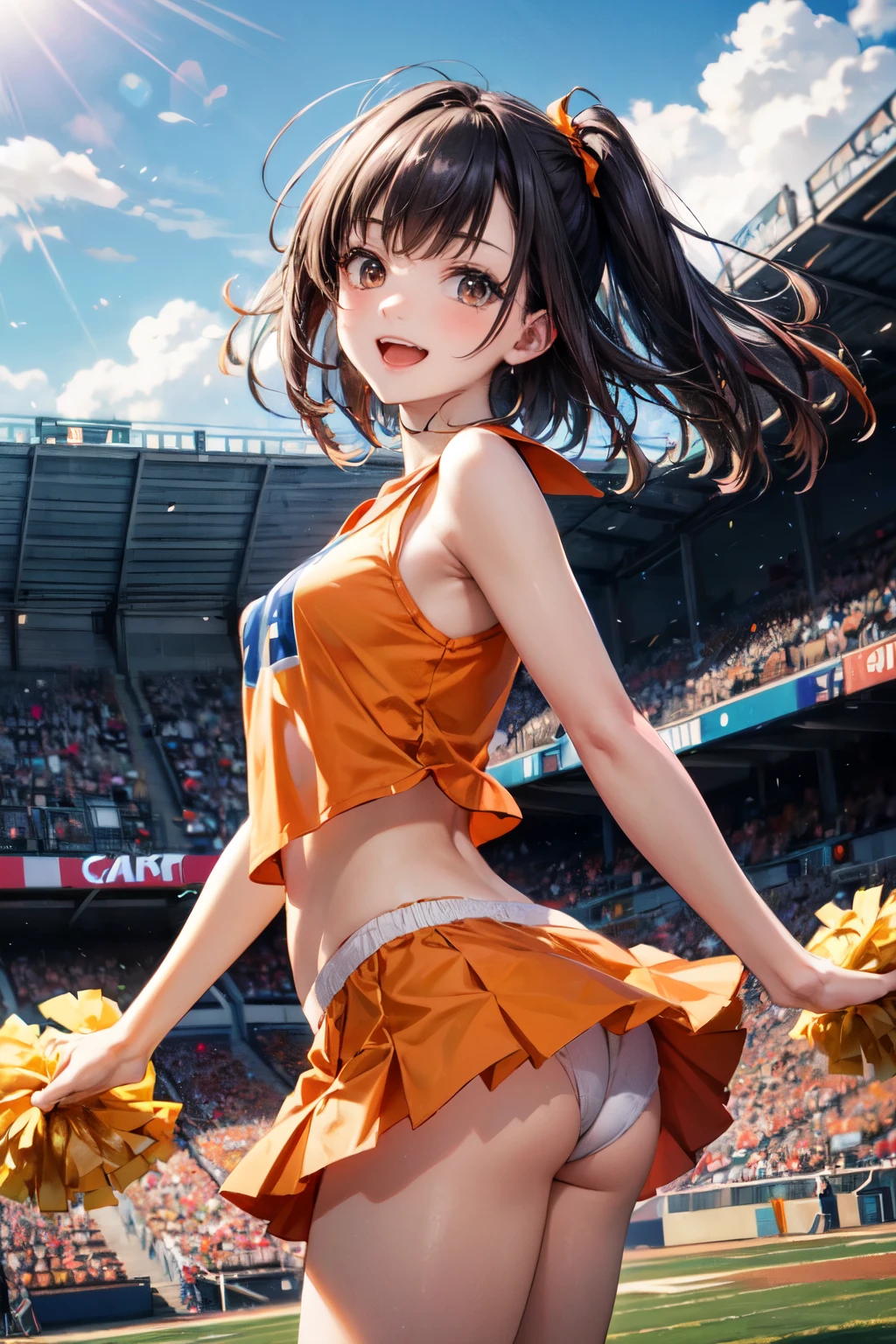 very cute and beautiful cheerleader girl,(highly detailed beautiful face),(holding pom poms:1.1),(laugh),
(stadium stands),cowboy shot,dynamic pose,(white panties),(sleeveless orange shirt),beautiful legs,looking at viewer,black hair,
(best quality,masterpiece:1.0),absurdres,highres,ultra-detailed,extremely detailed,32k,8k resolution,
intricate details,cinematic scene,detailed background,solo,dynamic angle,
hair fluttering in the wind,beautiful detailed sky,