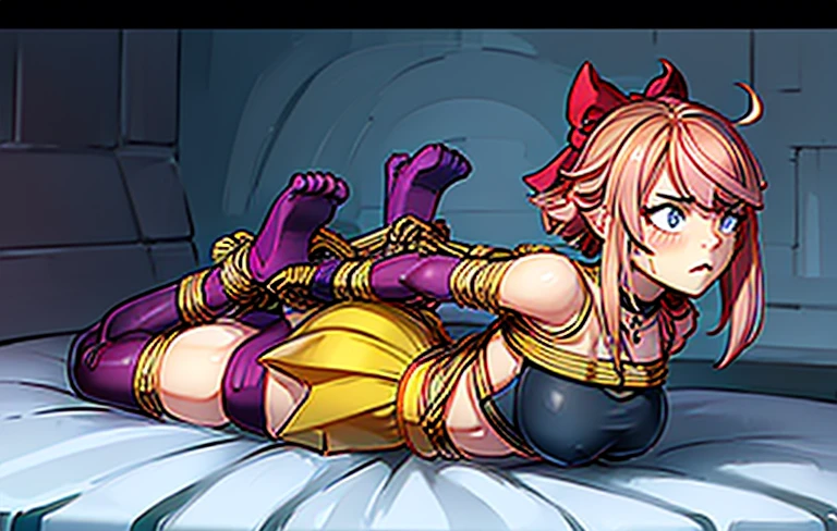 melodiebs, 1girl, solo, Melodie, idol, musical notes, pink hair, big bow, elbow gloves, black crop top, yellow skirt, thighhighs, fur stole, choker, pink boots (with X), cute and blushing 18 years old anime girl, look away because she is embarrassed and blushes, bright blue eyes, detailed face, detailed members, detailed arms, detailed hands, Girl lying, tied by ropes, shackled, can no longer move, tied tightly, very hard tied up with lots of ropes, hampered by so many ropes that she can no longer move, bound hands and feet, ropes tie his whole body, tied extremely tightly and forcefully to her bed by a lot of ropes, its limbs are strongly tied together by ropes, his torso is tied up with thick cords, her chest is so tied up with ropes that it sticks out, her legs are tied tightly with thick ropes, his hands are tied behind his back with ropes, she can no longer move her feet, her hands which are tied by thick ropes, she desperately tries to free herself, likes to be tied tight with big ropes, likes to be immobilized by big ropes, lying down, his hands and feet are strongly tied to the railing of his bed, his legs are pressed together and tied with ropes, its limbs are held vigorously by imposing ropes, her hands are tied securely behind her back by ropes, her chest is compressed by strong ropes, she is pressed against her bed and restrained by large ropes, (shibari, arms behind the back:1.4), (hands on the back), (masterpiece, best quality) 1.5, 1girl, solo, (sexy, beautiful woman, perfect face, perfect eyes, perfect hands), samus aran, (hands on the back), Spread the legs, s' ((lie in bed by big ropes)), ((close up of the girl)), ((((lie in bed)))), ((((arms tied behind the back, Legs Tied,La fille est allongée sur le ventre, La fille est allongée sur le sol:1.5)))), ((((girl seen from behind:1.4)))), ((((girl lying down on her stomach:1.4)))), ((((Outstretched arms:1.5)))), ((((Detailed hands:1.5))))