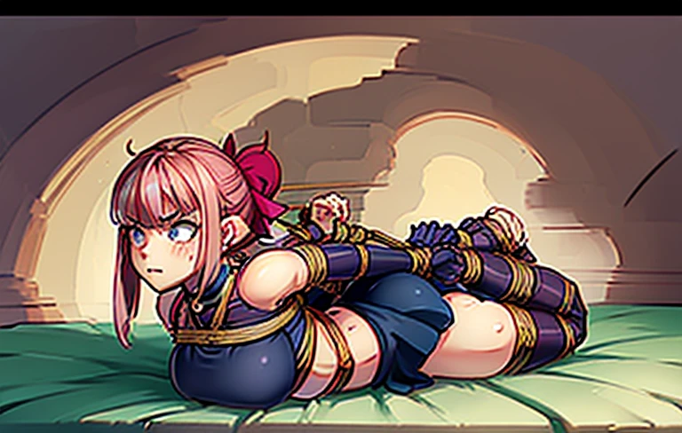 melodiebs, 1girl, solo, Melodie, idol, musical notes, pink hair, big bow, elbow gloves, black crop top, yellow skirt, thighhighs, fur stole, choker, pink boots (with X), cute and blushing 18 years old anime girl, look away because she is embarrassed and blushes, bright blue eyes, detailed face, detailed members, detailed arms, detailed hands, Girl lying, tied by ropes, shackled, can no longer move, tied tightly, very hard tied up with lots of ropes, hampered by so many ropes that she can no longer move, bound hands and feet, ropes tie his whole body, tied extremely tightly and forcefully to her bed by a lot of ropes, its limbs are strongly tied together by ropes, his torso is tied up with thick cords, her ????? is so tied up with ropes that it sticks out, her legs are tied tightly with thick ropes, his hands are tied behind his back with ropes, she can no longer move her feet, her hands which are tied by thick ropes, she desperately tries to free herself, likes to be tied tight with big ropes, likes to be immobilized by big ropes, lying down, his hands and feet are strongly tied to the railing of his bed, his legs are pressed together and tied with ropes, its limbs are held vigorously by imposing ropes, her hands are tied securely behind her back by ropes, her ????? is compressed by strong ropes, she is pressed against her bed and restrained by large ropes, (???????, arms behind the back:1.4), (hands on the back), (masterpiece, best quality) 1.5, 1girl, solo, (????, beautiful woman, perfect face, perfect eyes, perfect hands), samus aran, (hands on the back), Spread the legs, s' ((lie in bed by big ropes)), ((close up of the girl)), ((((lie in bed)))), ((((arms tied behind the back, Legs Tied,La fille est allongée sur le ventre, La fille est allongée sur le sol:1.5)))), ((((girl seen ???????????:1.4)))), ((((girl lying down on her stomach:1.4)))), ((((Outstretched arms:1.5)))), ((((Detailed hands:1.5))))