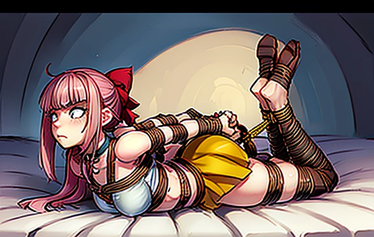 melodiebs, 1girl, solo, Melodie, idol, musical notes, pink hair, big bow, elbow gloves, black crop top, yellow skirt, thighhighs, fur stole, choker, pink boots (with X), cute and blushing 18 years old anime girl, look away because she is embarrassed and blushes, bright blue eyes, detailed face, detailed members, detailed arms, detailed hands, Girl lying, tied by ropes, shackled, can no longer move, tied tightly, very hard tied up with lots of ropes, hampered by so many ropes that she can no longer move, bound hands and feet, ropes tie his whole body, tied extremely tightly and forcefully to her bed by a lot of ropes, its limbs are strongly tied together by ropes, his torso is tied up with thick cords, her chest is so tied up with ropes that it sticks out, her legs are tied tightly with thick ropes, his hands are tied behind his back with ropes, she can no longer move her feet, her hands which are tied by thick ropes, she desperately tries to free herself, likes to be tied tight with big ropes, likes to be immobilized by big ropes, lying down, his hands and feet are strongly tied to the railing of his bed, his legs are pressed together and tied with ropes, its limbs are held vigorously by imposing ropes, her hands are tied securely behind her back by ropes, her chest is compressed by strong ropes, she is pressed against her bed and restrained by large ropes, (shibari, arms behind the back:1.4), (hands on the back), (masterpiece, best quality) 1.5, 1girl, solo, (sexy, beautiful woman, perfect face, perfect eyes, perfect hands), samus aran, (hands on the back), Spread the legs, s' ((lie in bed by big ropes)), ((close up of the girl)), ((((lie in bed)))), ((((arms tied behind the back, Legs Tied,La fille est allongée sur le ventre, La fille est allongée sur le sol:1.5)))), ((((girl seen from behind:1.4)))), ((((girl lying down on her stomach:1.4)))), ((((Outstretched arms:1.5)))), ((((Detailed hands:1.5))))