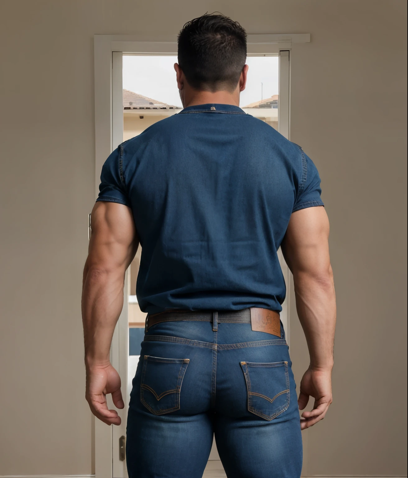 1male, vaqueros, Big muscles, rostro, realista, foto, real foto, cuerpo completo, jeans naked backside
