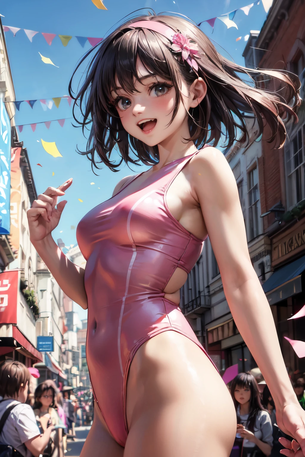 very cute and beautiful girl,(highly detailed beautiful face),(pink leotard:1.2),(sleeveless),(laugh),
festival in town street,(parade:1.2),(many people wearing pastel costume),flags,confetti in sky,outdoors,depth of field,
cowboy shot,standing,dynamic pose,black hair,hair band,
(best quality,masterpiece:1.0),absurdres,highres,ultra-detailed,extremely detailed,32k,8k resolution,
intricate details,cinematic scene,detailed background,solo,dynamic angle,hair fluttering in the wind,realistic,