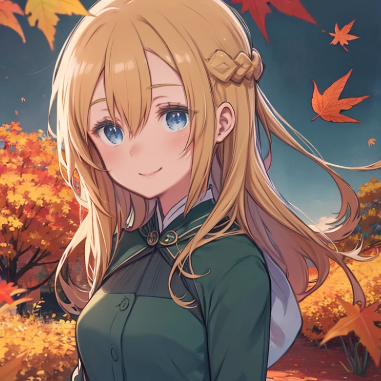 masterpiece, highest quality、Medium wide shot、1. A woman with beautiful eyes、Smiling、Autumn leaf viewing、Autumn Foliage Viewing、mint, blue eyes, braid, Hair between the eyes、green uniform, long sleeves、