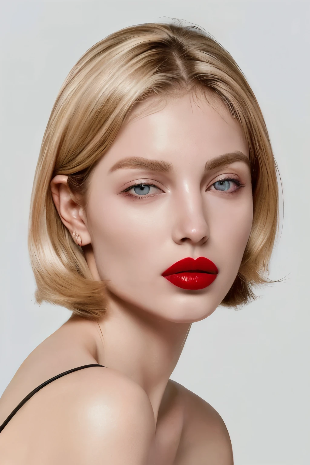 ((mejor calidad)), ((Obra maestra)), (detallado), a supermodel 28 year old sexy natural blonde woman with short hair, misteriosa y muy imponente, seria y dominante, con los ojos de color morado, grandes, tiene nariz muy delgada, piel muy blanca, rasgos definidos y duros, small and thin heart shape face, con cejas muy delgadas y definidas del mismo color de su pelo, expresion seria y coqueta, casi la mujer mas bella del mundo, mirando al frente, pechos grandes y labios muy gruesos con labial rojo intenso