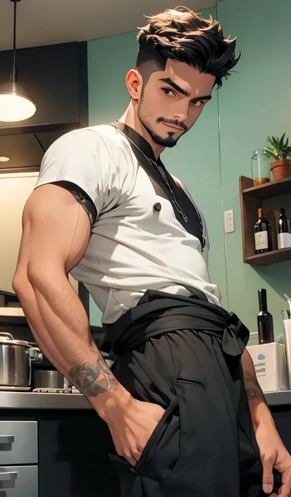 Hombre maduro, musculoso, fornido, piel clara, alto, atractivo, masculino, cabello negro, pocas canas, cabello peinado. Ojos azules, cicatriz mejilla, barba afeitada, chef, arremangado, brazos fuertes, cicatriz en brazos, tatuaje brazo, cigarrillo, black pants, sentado de frente, piernas abiertas, pose relajada, sonrisa, looking at the camera, pose sensual, High Definition, colorido, alta calida. Fondo frio, cocina. 