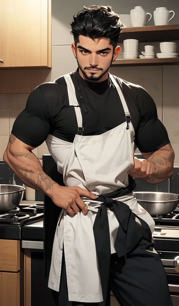 Hombre maduro, musculoso, fornido, piel clara, alto, atractivo, masculino, cabello negro, pocas canas, cabello peinado. Ojos azules, cicatriz mejilla, barba afeitada, chef, arremangado, brazos fuertes, cicatriz en brazos, tatuaje brazo, cigarrillo, black pants, sentado de frente, piernas abiertas, pose relajada, sonrisa, looking at the camera, pose sensual, High Definition, colorido, alta calida. Fondo frio, cocina.