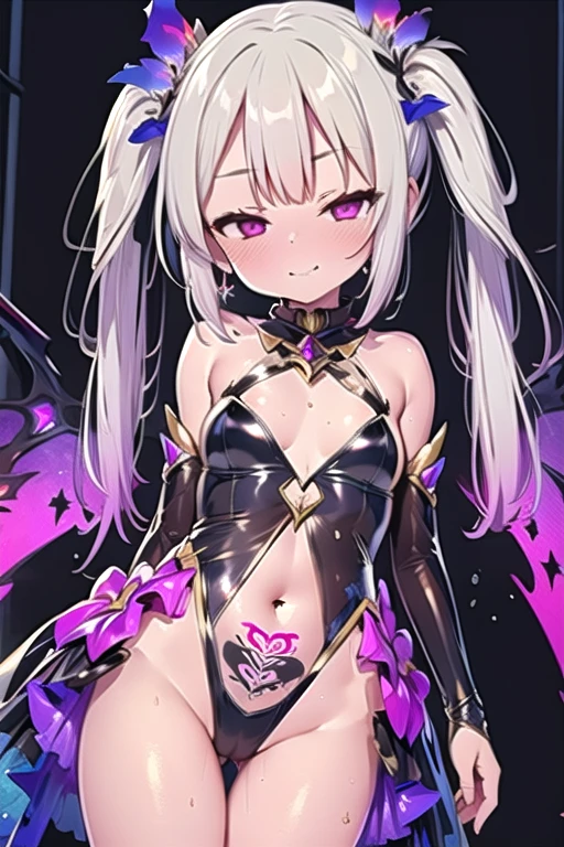 illustration,extremely detailed,highly detailed,best quality,masterpiece,highres,semi-realistic,portraits,anime,cowboy shot, 1gril,solo,perfect female body,perfect anatomy,medium breasts,half-closed eyes,pink eyes,no pupils,empty eyes,twintails,tri tails,white hair,wide hips,thick thighs,thigh gap,big butt,fat mons,glowing pubic tattoo,hair ornament,headdress,collar,evil smile, standing,looking at viewer,arms at sides,frills,layered skirt,red gem,bare shoulders,dark magical girl,corruption,see-through leotard0.9, ,street,