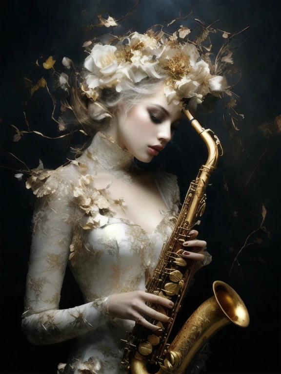 arafed woman in white dress playing a saxophone with gold leaves, style of karol bak, karol bak uhd, saxophone, brass woman, inspired by Karol Bak, beautiful digital artwork, ethereal gold and silver tones, karol bak and peter mohrbacher, fine art fashion photography, elegant lady with alabaster skin, beautiful fantasy art portrait, saxophones
