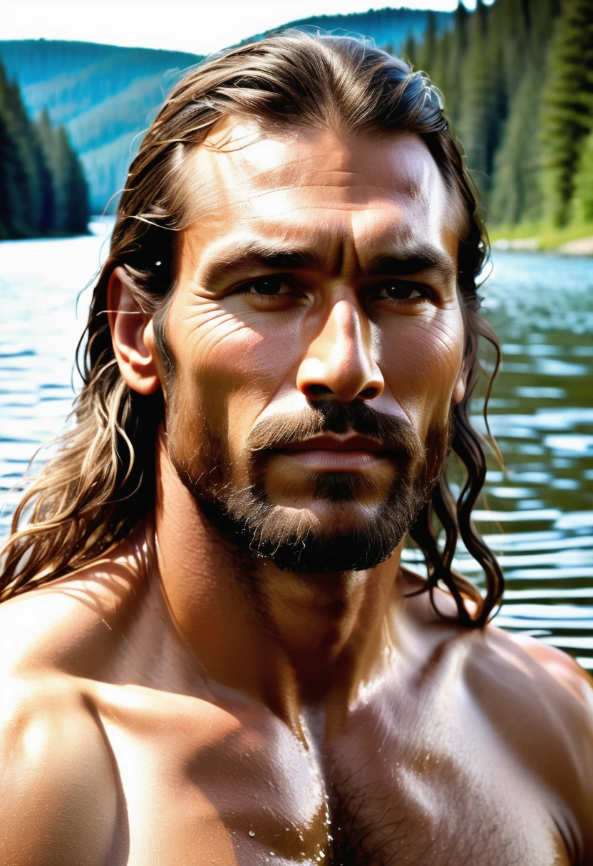 (highly detailed, soft light, detailed face, detailed skin, detailed eyes, photorealistic, dynamic light; cinematic); 1820's; 35 years old man; 3/4-German 1/4-Sioux Indian mix; 1820's fur-trader; leadership figure; strikingly handsome; wild man; defined cheekbones; defined strong jawline; longer chin; handsome face; strapping; desirous teasing inviting expression; intimate sexually-charged atmosphere; masculine face; charismatic; grizzled; sensual; strong German nose; manly passionate air; very attractive; burly broad figure with strong shoulders; ruddy weathered skin; long stubble beard; thick strong chestnut-brown eyebrows; fully naked wet hairy heavily muscled chest; long loose tousled chestnut-brown hair in half-up tied-back style; full firm masculine lips; lounging in a Canadian river, water barely hiding his nudity, showing off his body, offering sex; natural light-blue eyes; 3/4-German 1/4-Sioux Indian mix; looking at camera